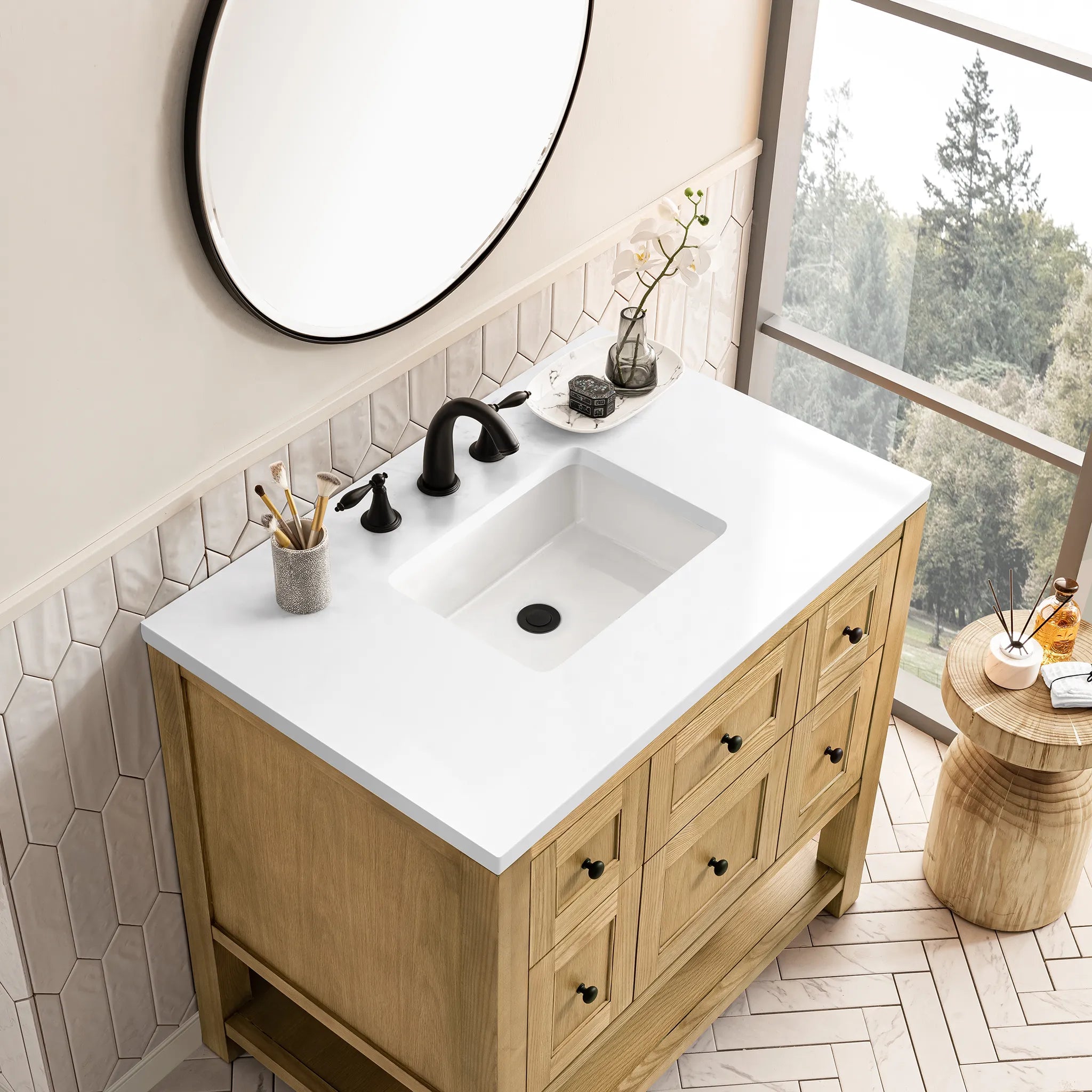 36" Breckenridge Single Vanity in Light Natural Oak-White Zeus Silestone-8" Widespread image 6