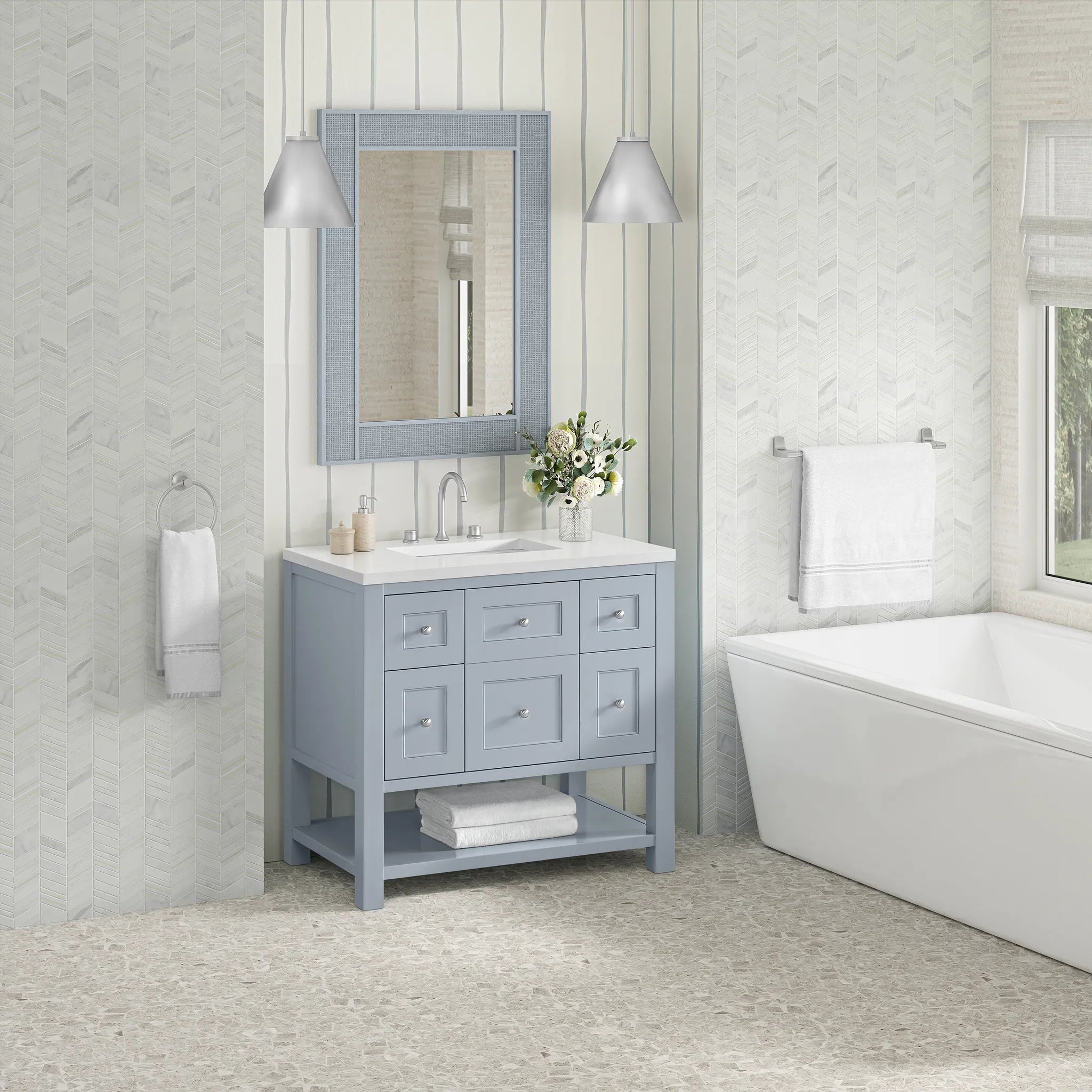36" Breckenridge Single Vanity in Serenity Blue-White Zeus Silestone-8" Widespread image 3