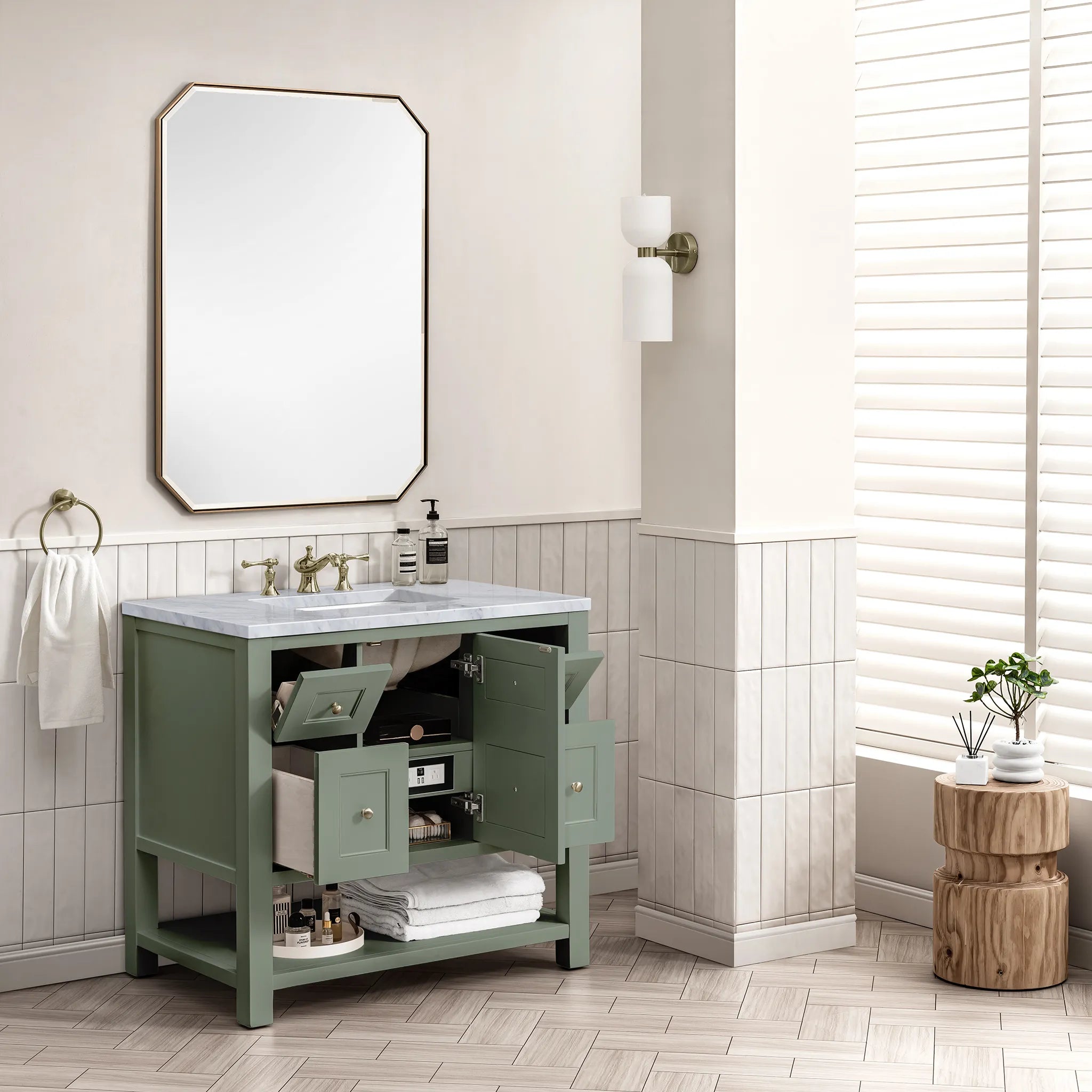 36" Breckenridge Single Vanity in Smokey Celadon-Carrara White Marble-8" Widespread image 3
