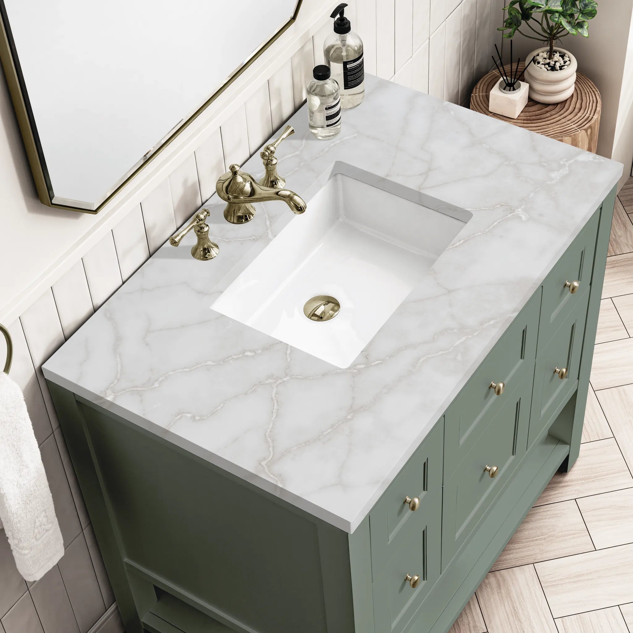 36" Breckenridge Single Vanity in Smokey Celadon-Victorian Silver Silestone-8" Widespread image 4