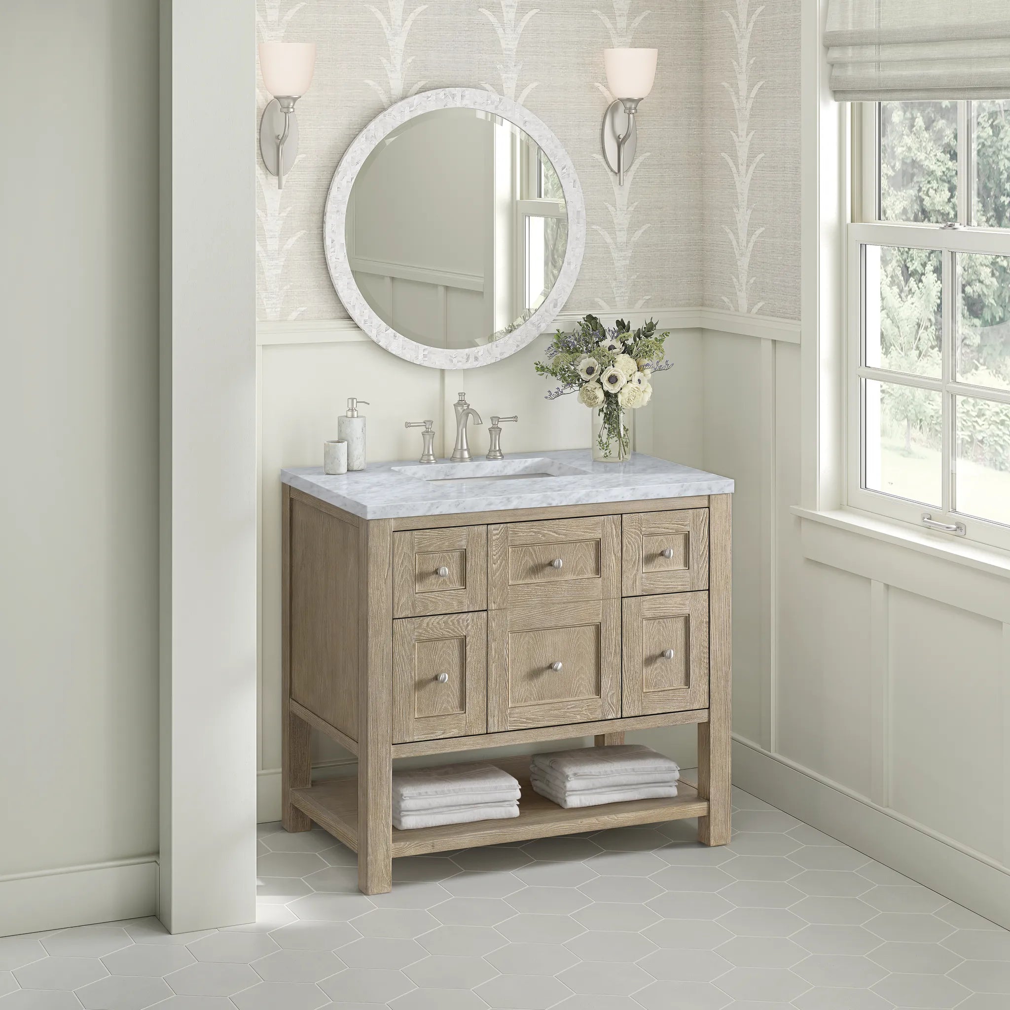 36" Breckenridge Single Vanity in Whitewashed Oak-Carrara White Marble-8" Widespread image 3