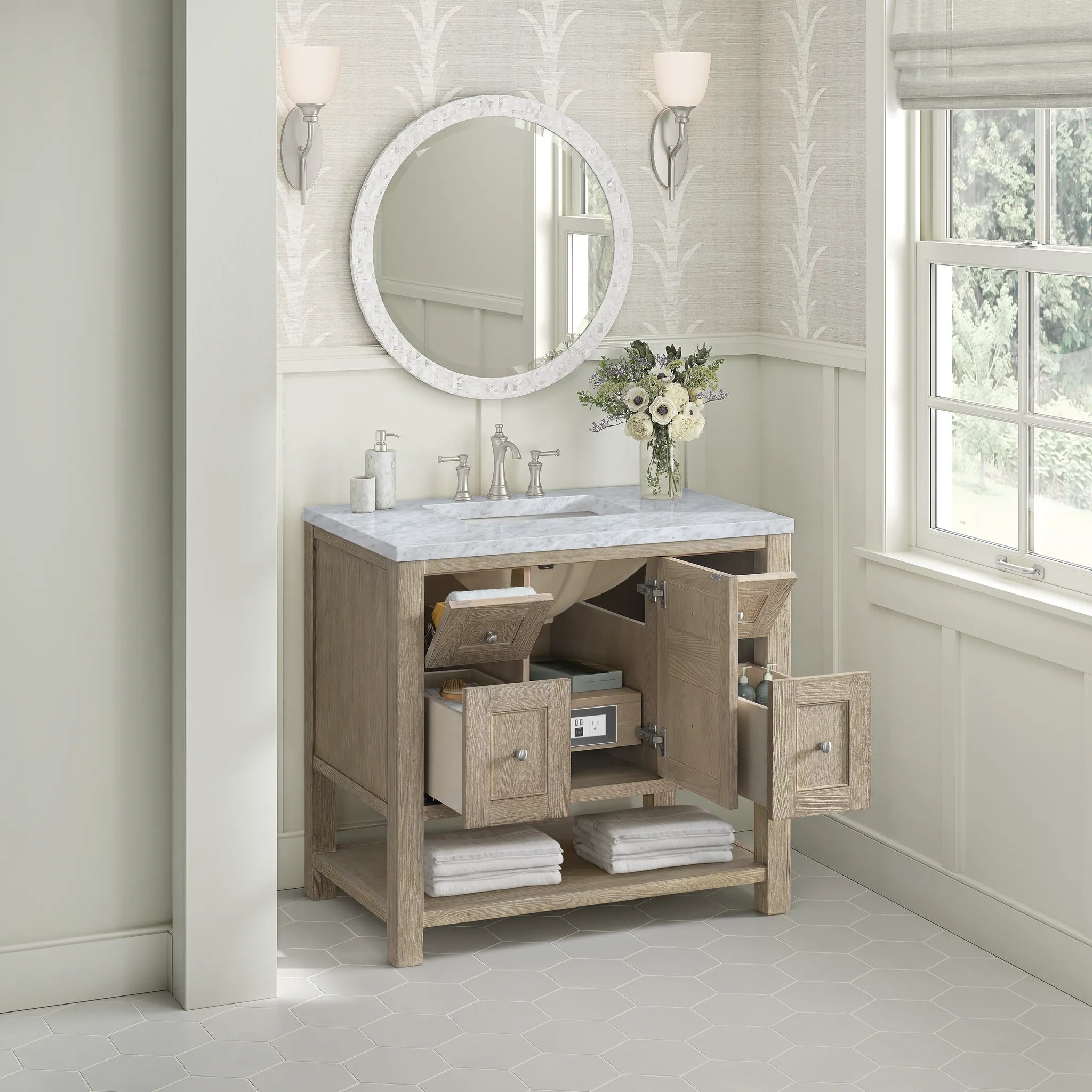 36" Breckenridge Single Vanity in Whitewashed Oak-Carrara White Marble-8" Widespread image 4