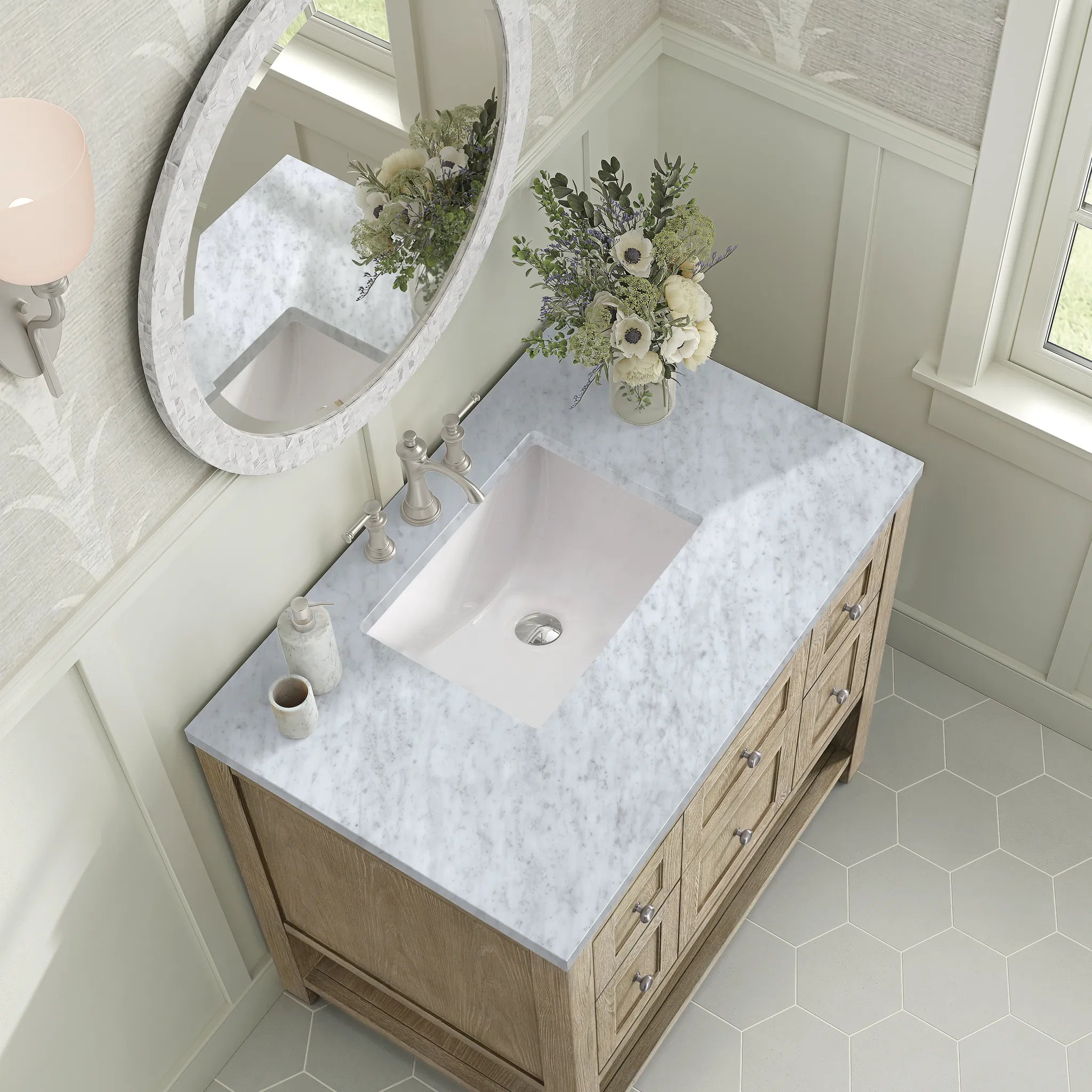 36" Breckenridge Single Vanity in Whitewashed Oak-Carrara White Marble-8" Widespread image 6