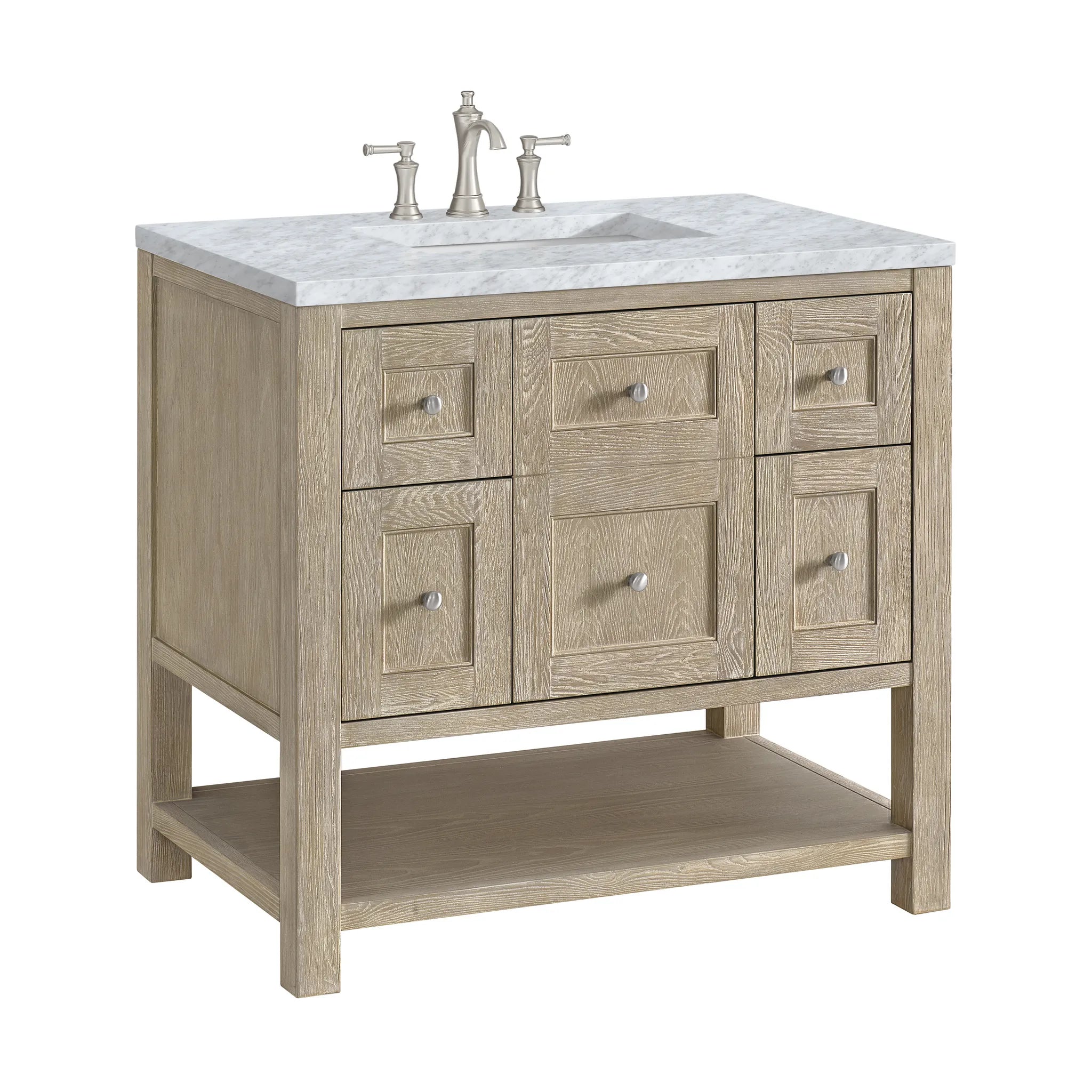 36" Breckenridge Single Vanity in Whitewashed Oak-Carrara White Marble-8" Widespread image 8