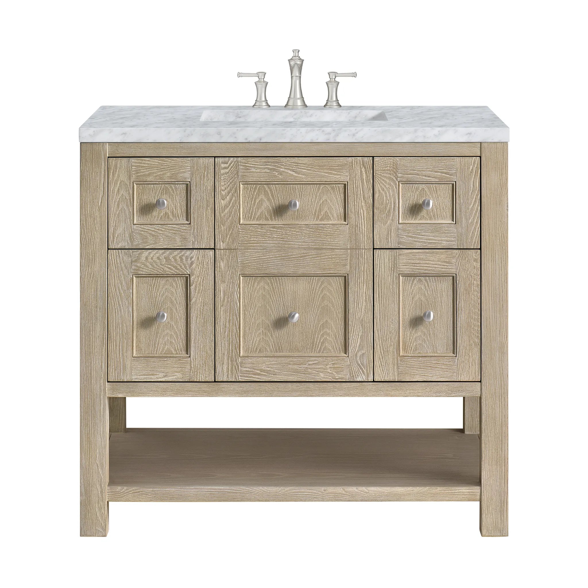 36" Breckenridge Single Vanity in Whitewashed Oak-Carrara White Marble-8" Widespread image