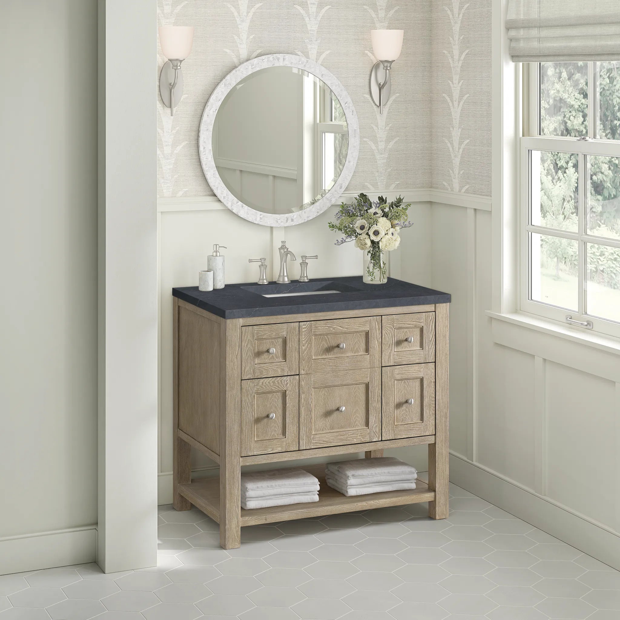36" Breckenridge Single Vanity in Whitewashed Oak-Charcoal Soapstone Silestone-8" Widespread image 3