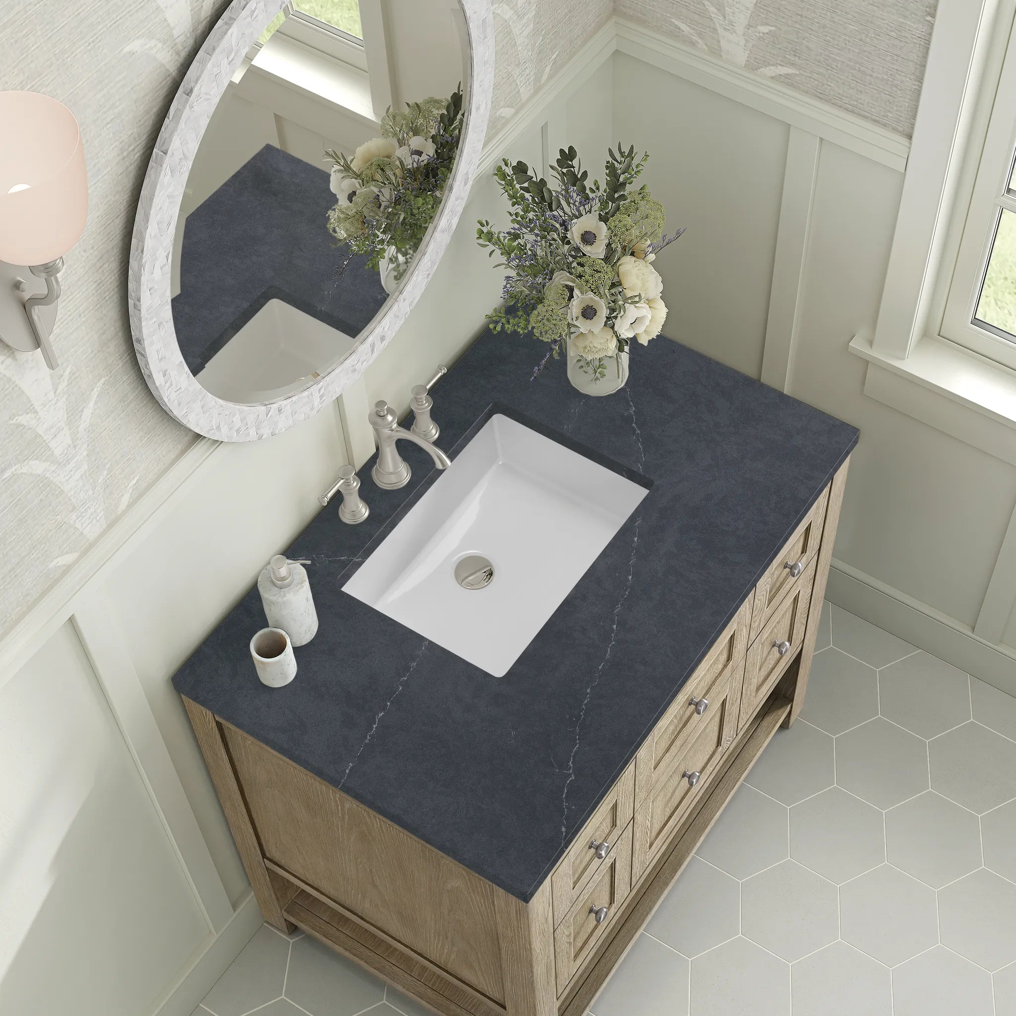 36" Breckenridge Single Vanity in Whitewashed Oak-Charcoal Soapstone Silestone-8" Widespread image 6