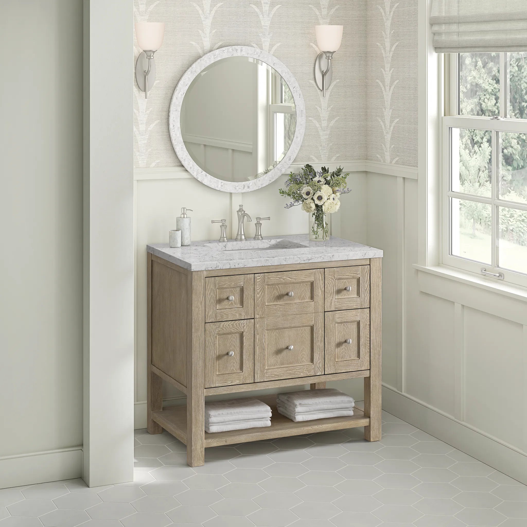 36" Breckenridge Single Vanity in Whitewashed Oak-Eternal Jasmine Pearl Silestone-8" Widespread image 3
