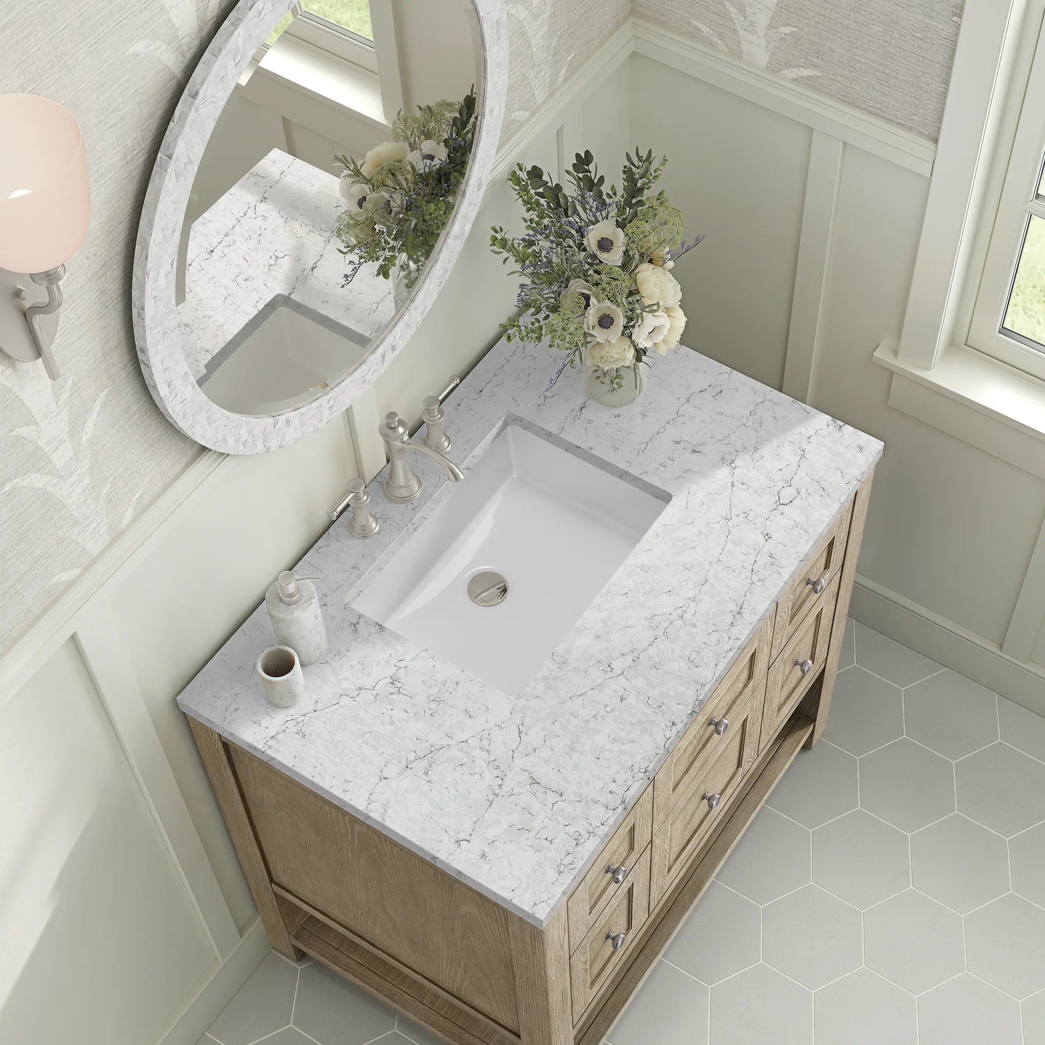 36" Breckenridge Single Vanity in Whitewashed Oak-Eternal Jasmine Pearl Silestone-8" Widespread image 6