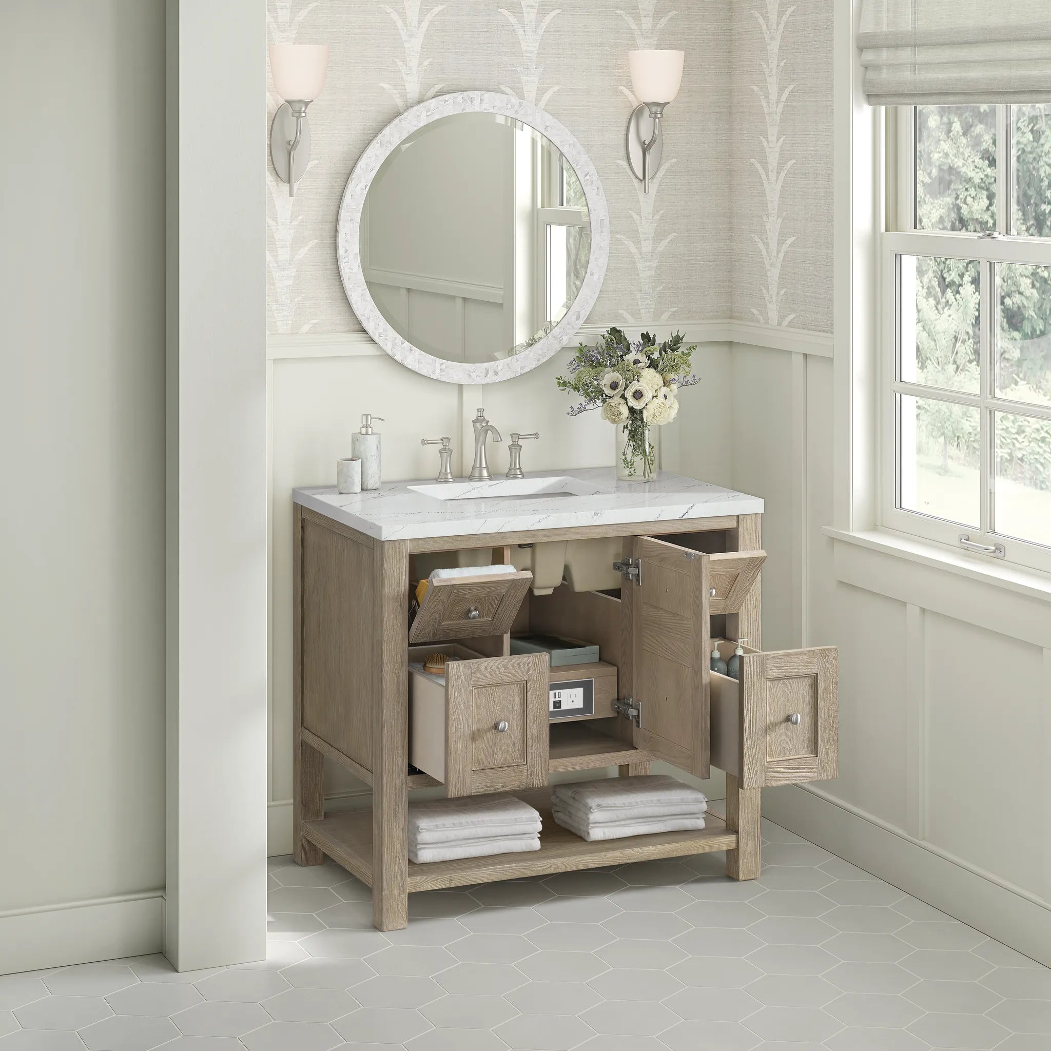36" Breckenridge Single Vanity in Whitewashed Oak-Ethereal Noctis Silestone-8" Widespread image 4