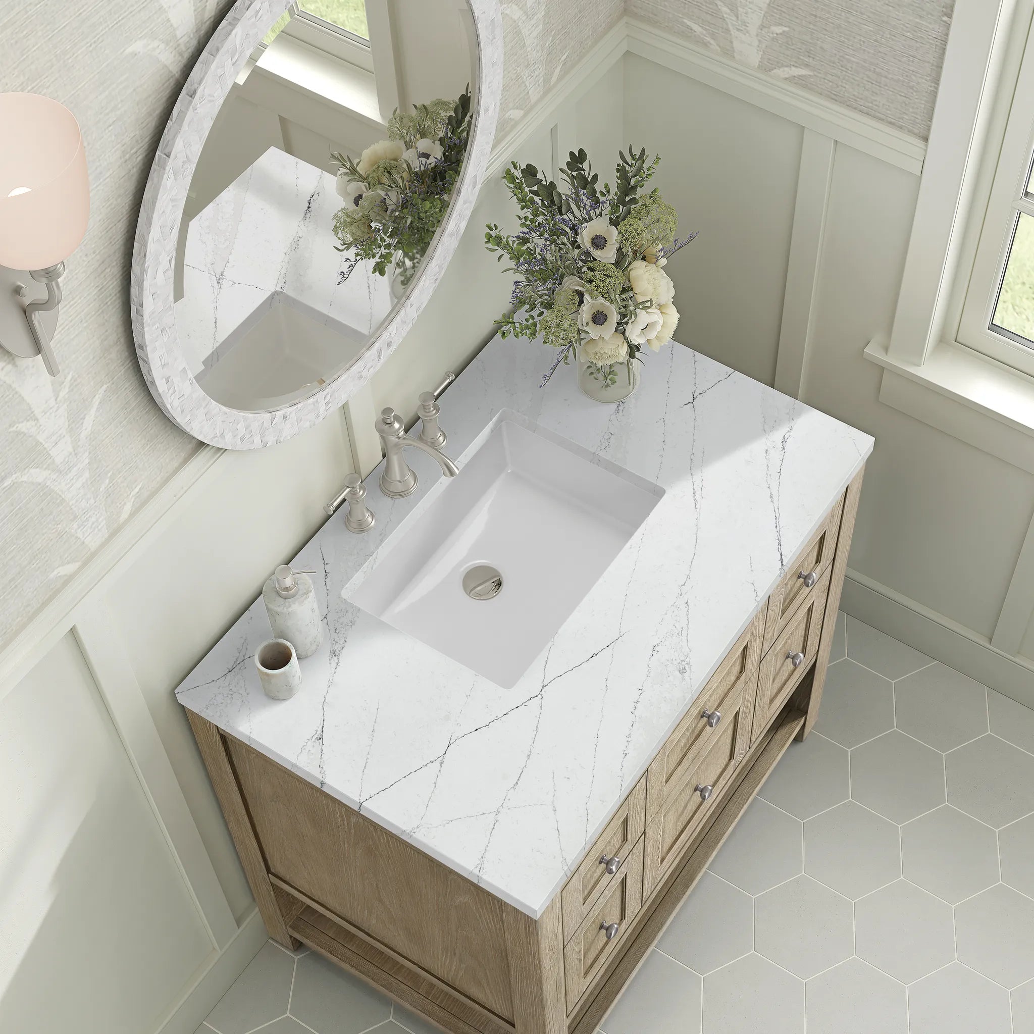 36" Breckenridge Single Vanity in Whitewashed Oak-Ethereal Noctis Silestone-8" Widespread image 6