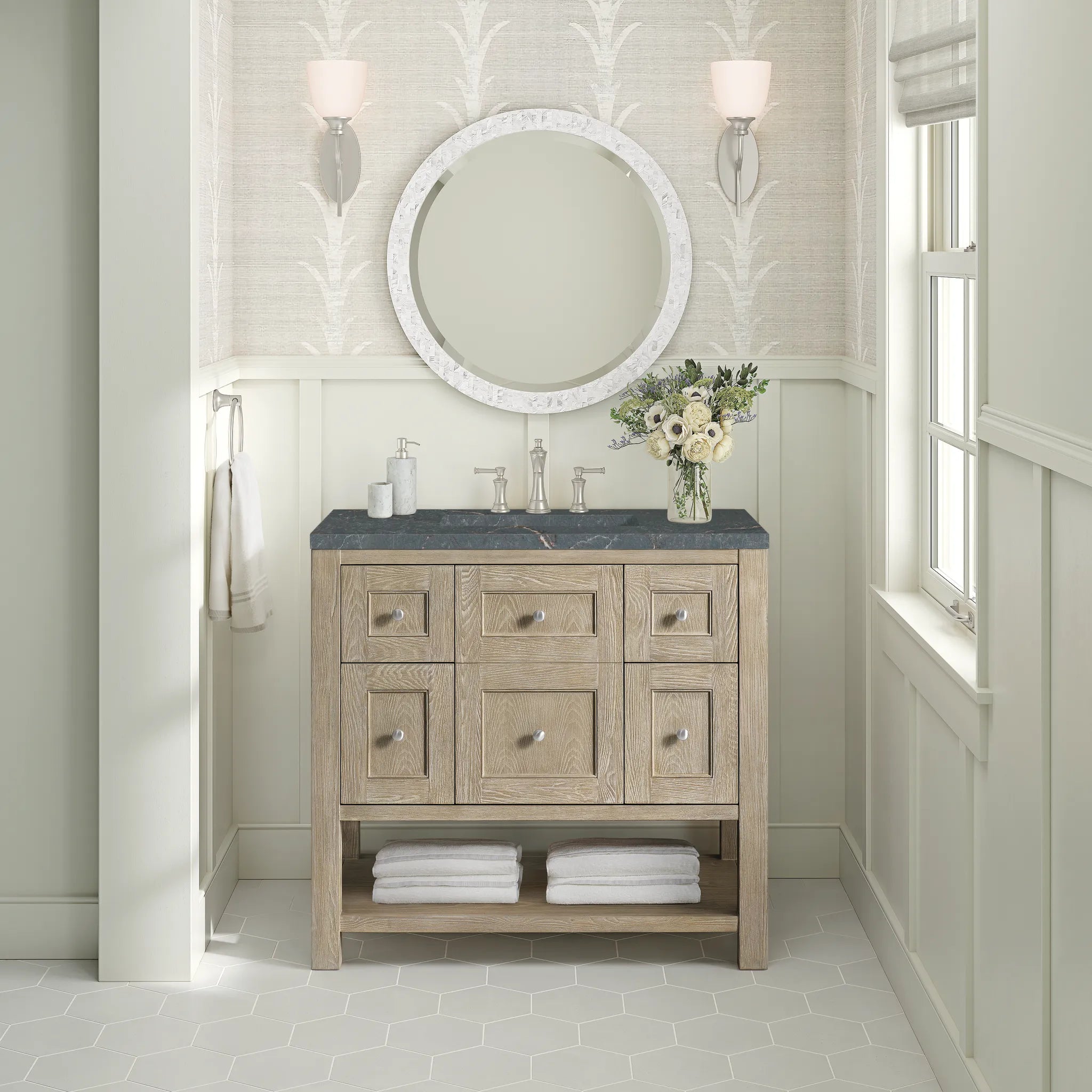 36" Breckenridge Single Vanity in Whitewashed Oak-Parisien Bleu Silestone-8" Widespread image 2