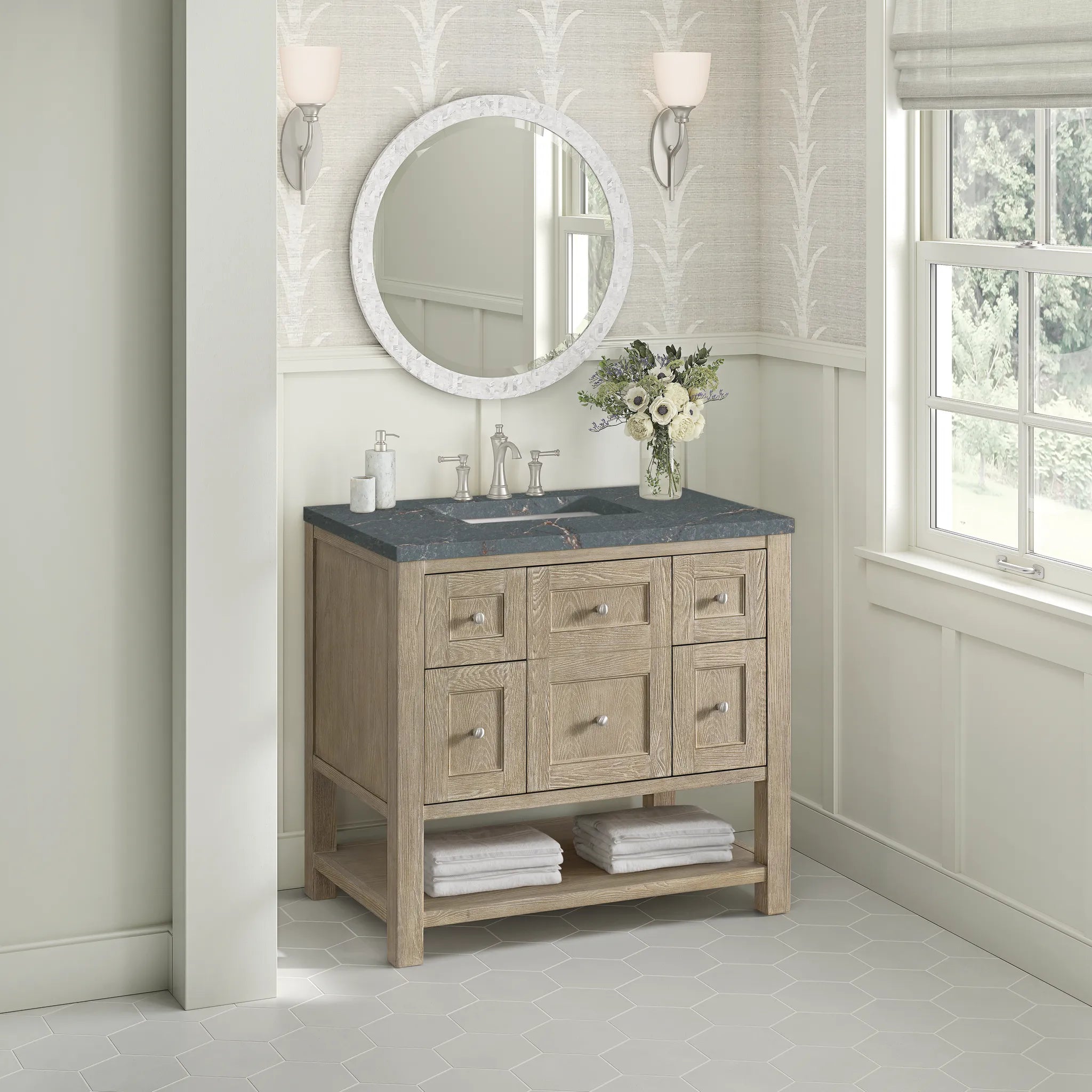 36" Breckenridge Single Vanity in Whitewashed Oak-Parisien Bleu Silestone-8" Widespread image 3
