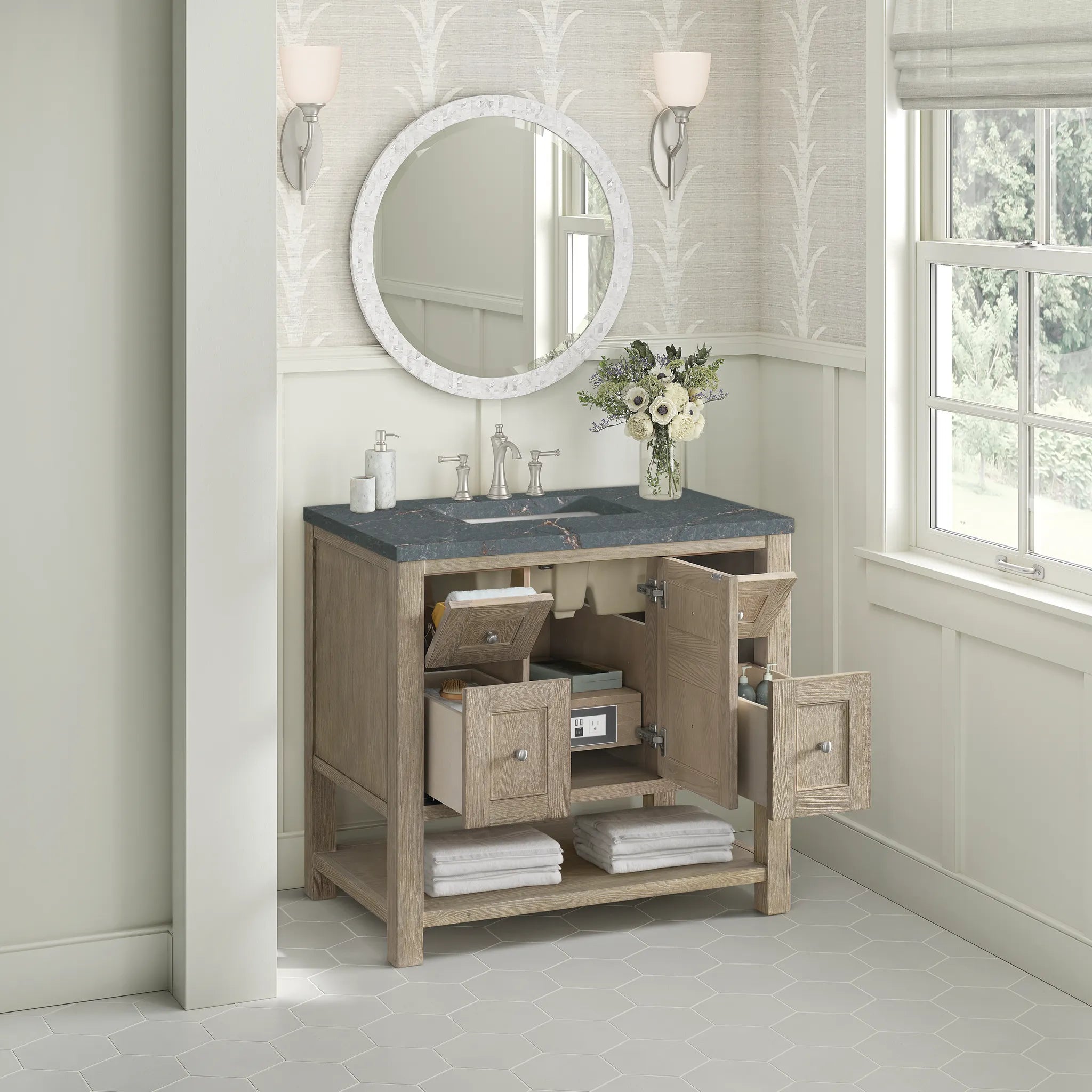 36" Breckenridge Single Vanity in Whitewashed Oak-Parisien Bleu Silestone-8" Widespread image 4