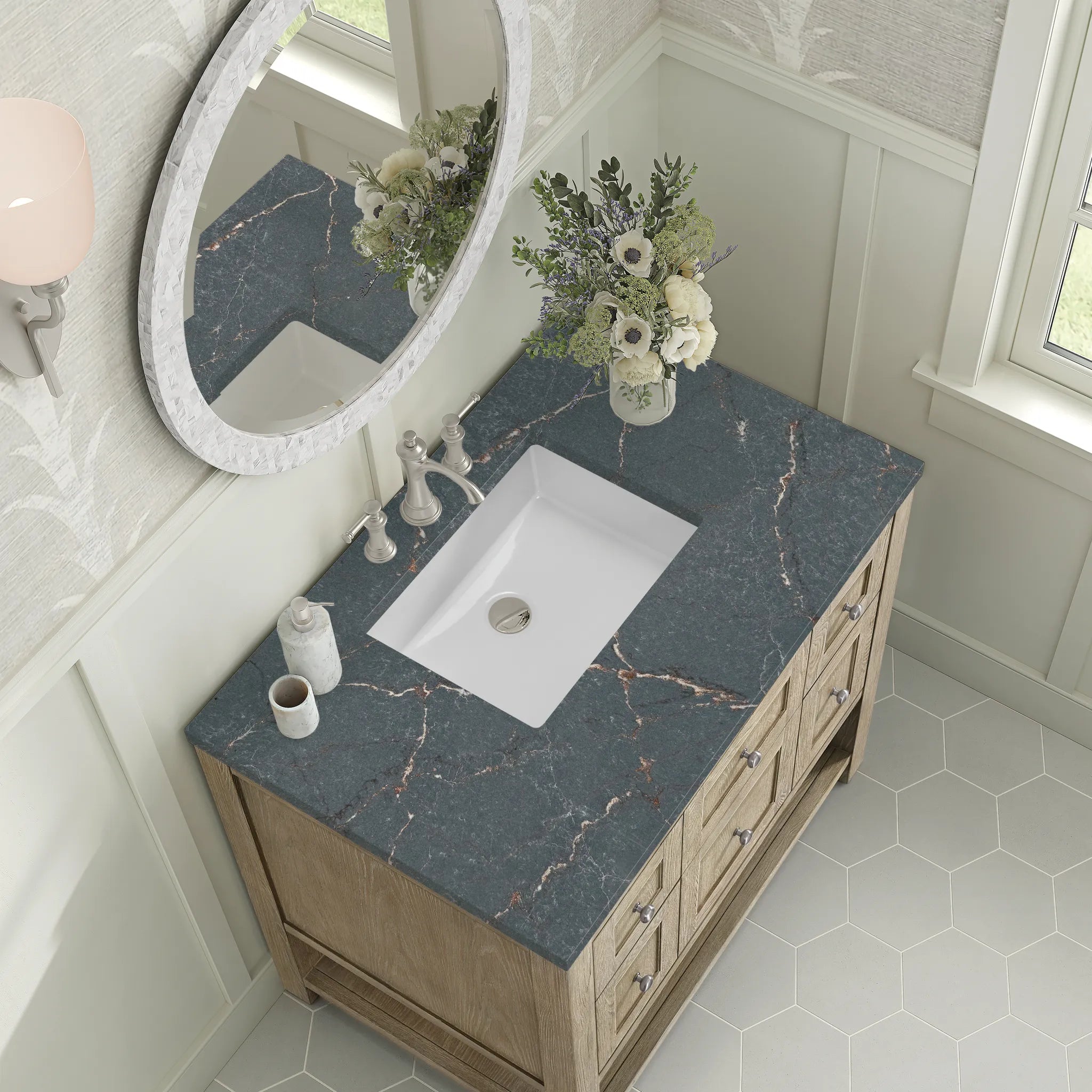 36" Breckenridge Single Vanity in Whitewashed Oak-Parisien Bleu Silestone-8" Widespread image 6