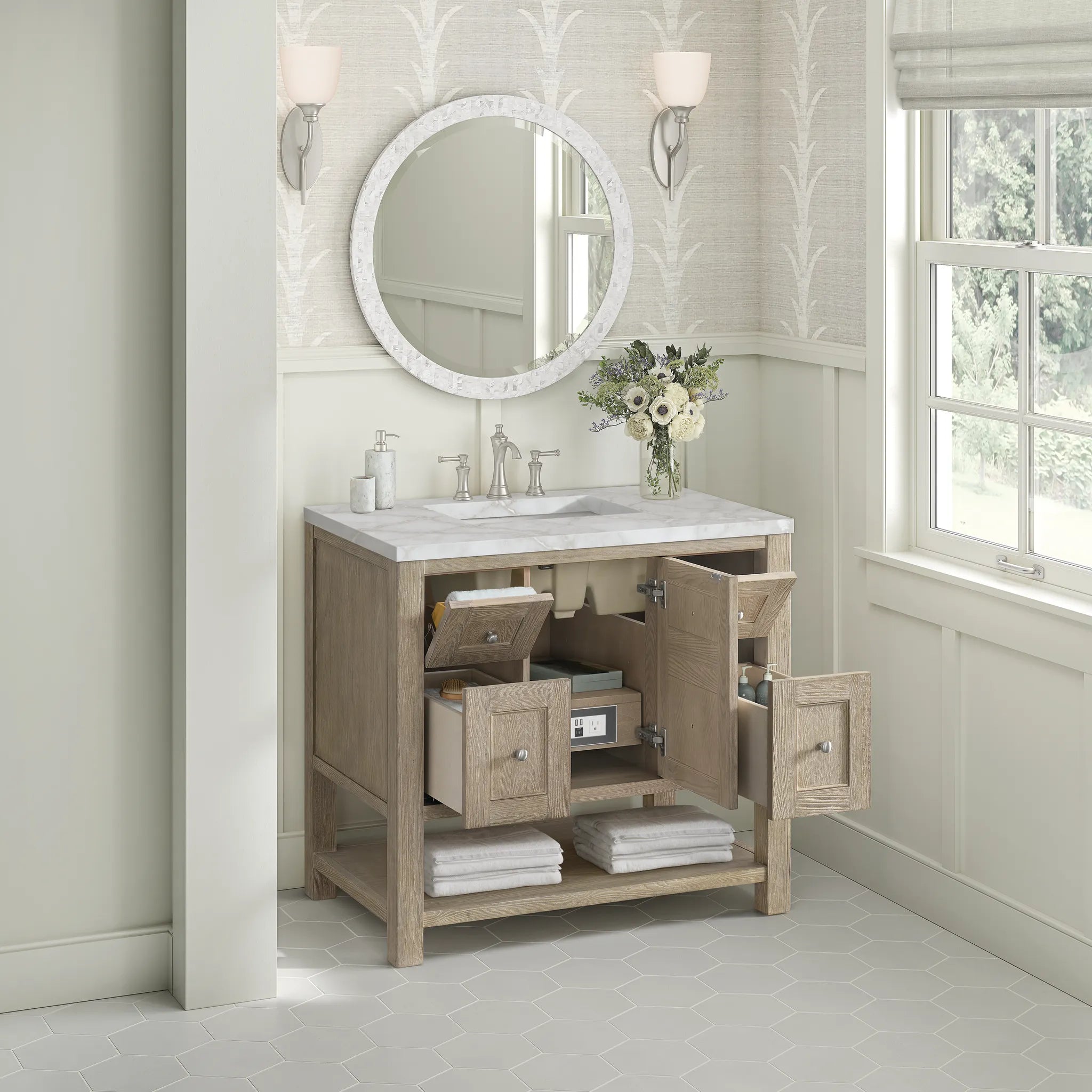 36" Breckenridge Single Vanity in Whitewashed Oak-Victorian Silver Silestone-8" Widespread image 4