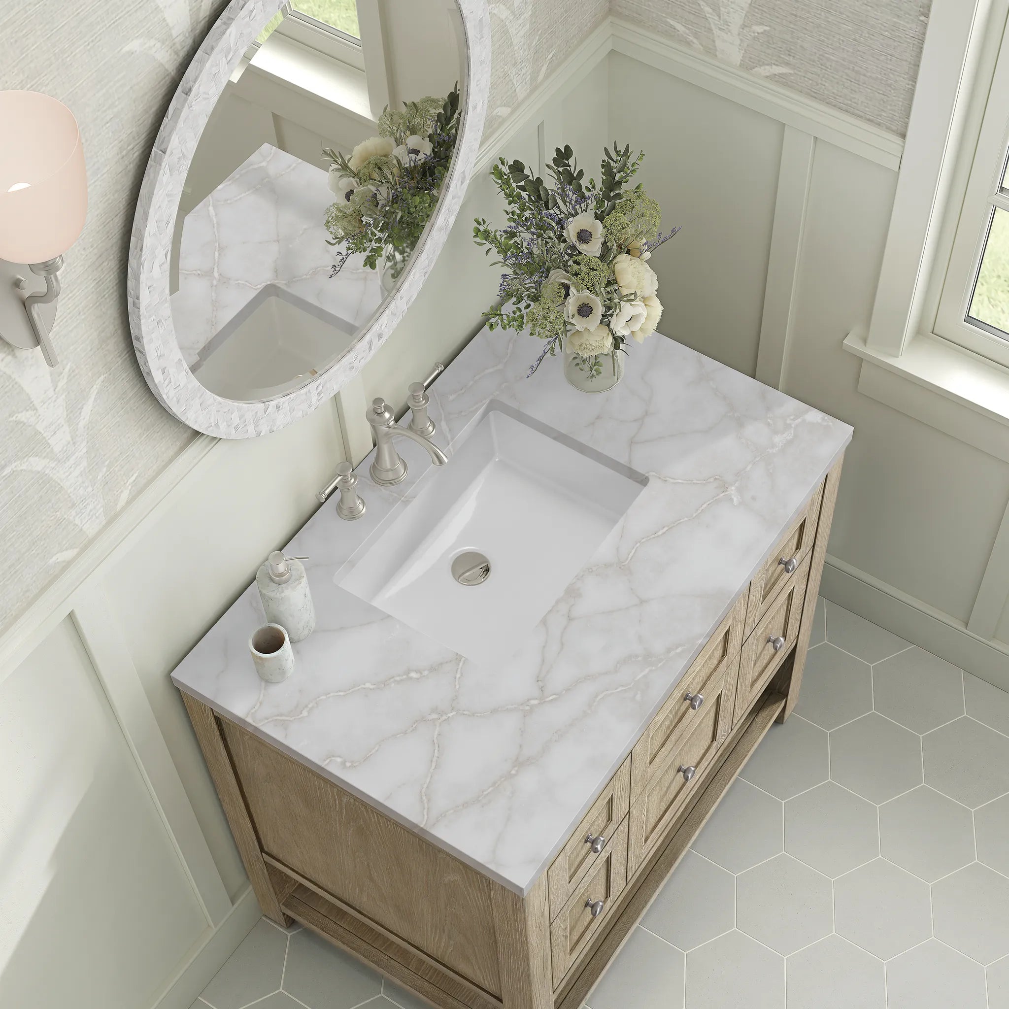 36" Breckenridge Single Vanity in Whitewashed Oak-Victorian Silver Silestone-8" Widespread image 6