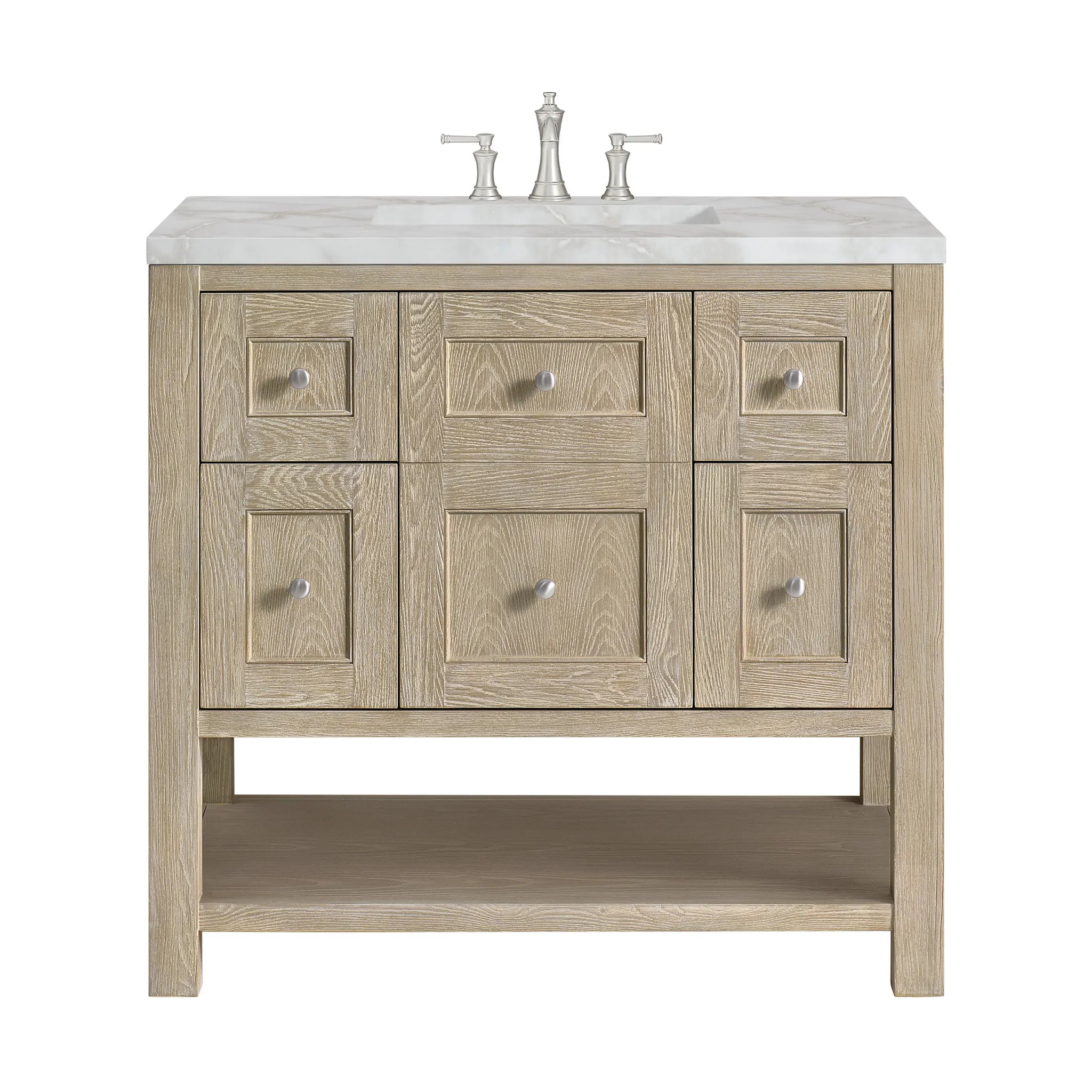 36" Breckenridge Single Vanity in Whitewashed Oak-Victorian Silver Silestone-8" Widespread image