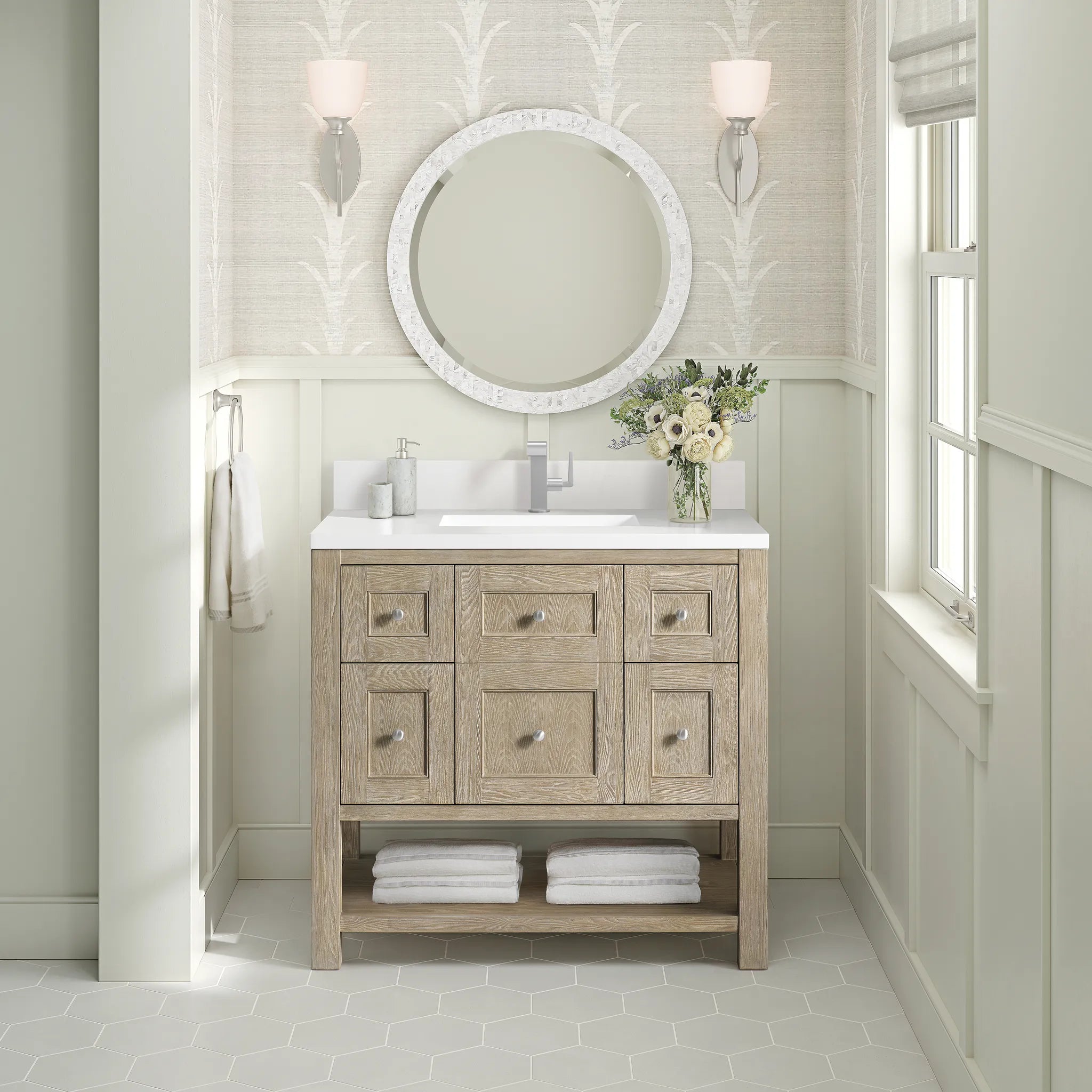 36" Breckenridge Single Vanity in Whitewashed Oak-White Zeus Silestone & Backsplash-Single Hole image 1