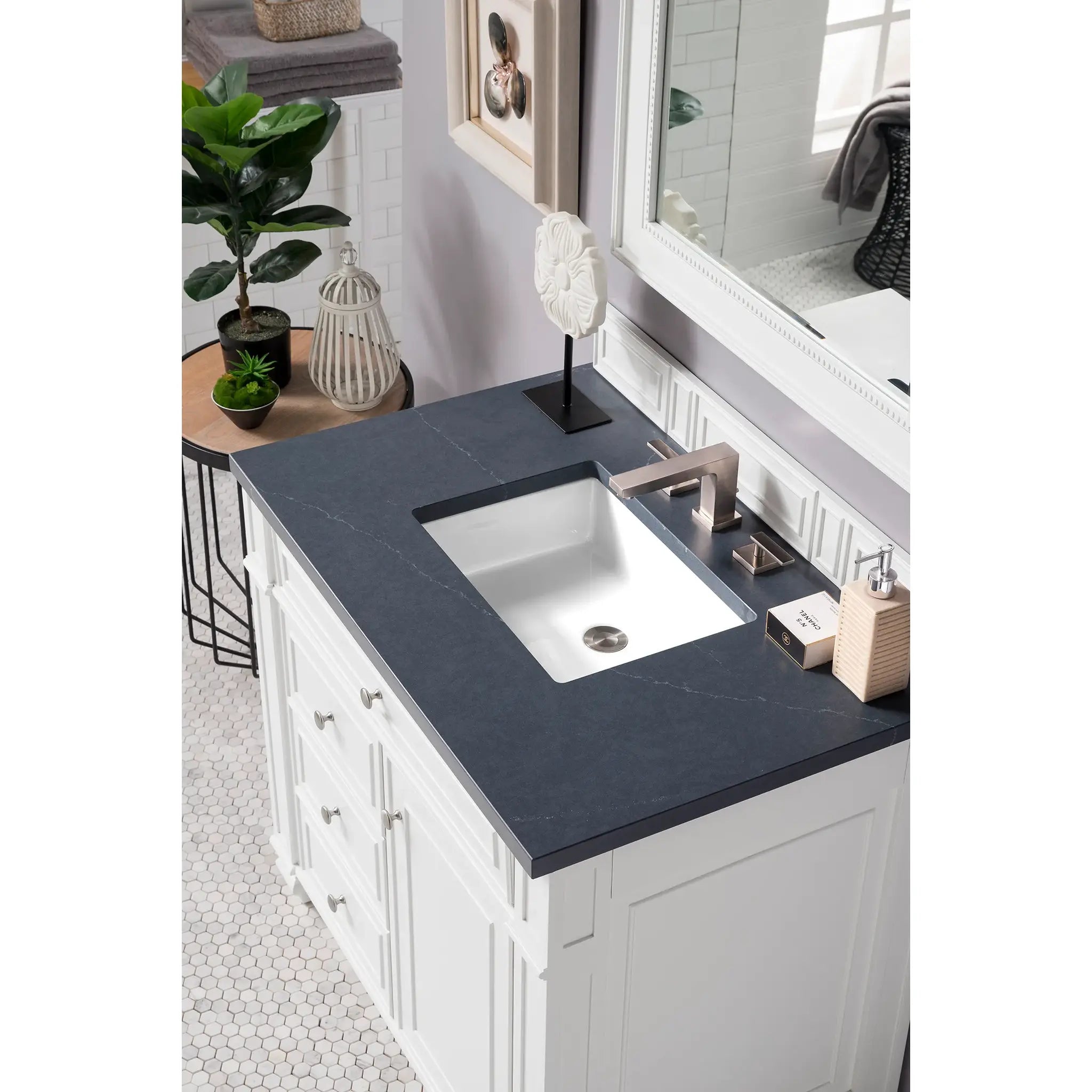 36" Bristol Single Vanity in Bright White-Charcoal Soapstone Silestone-8" Widespread image 2
