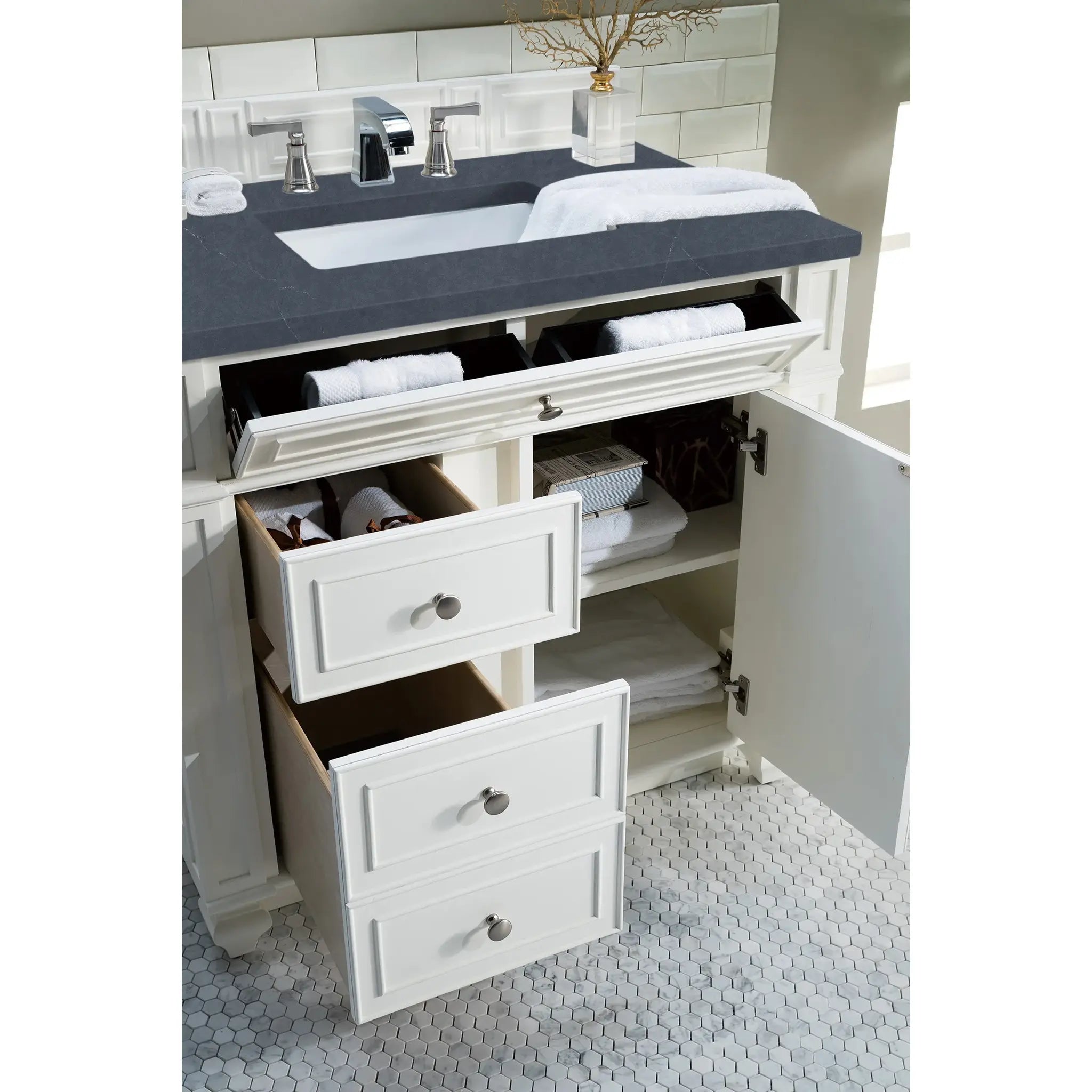 36" Bristol Single Vanity in Bright White-Charcoal Soapstone Silestone-8" Widespread image 3