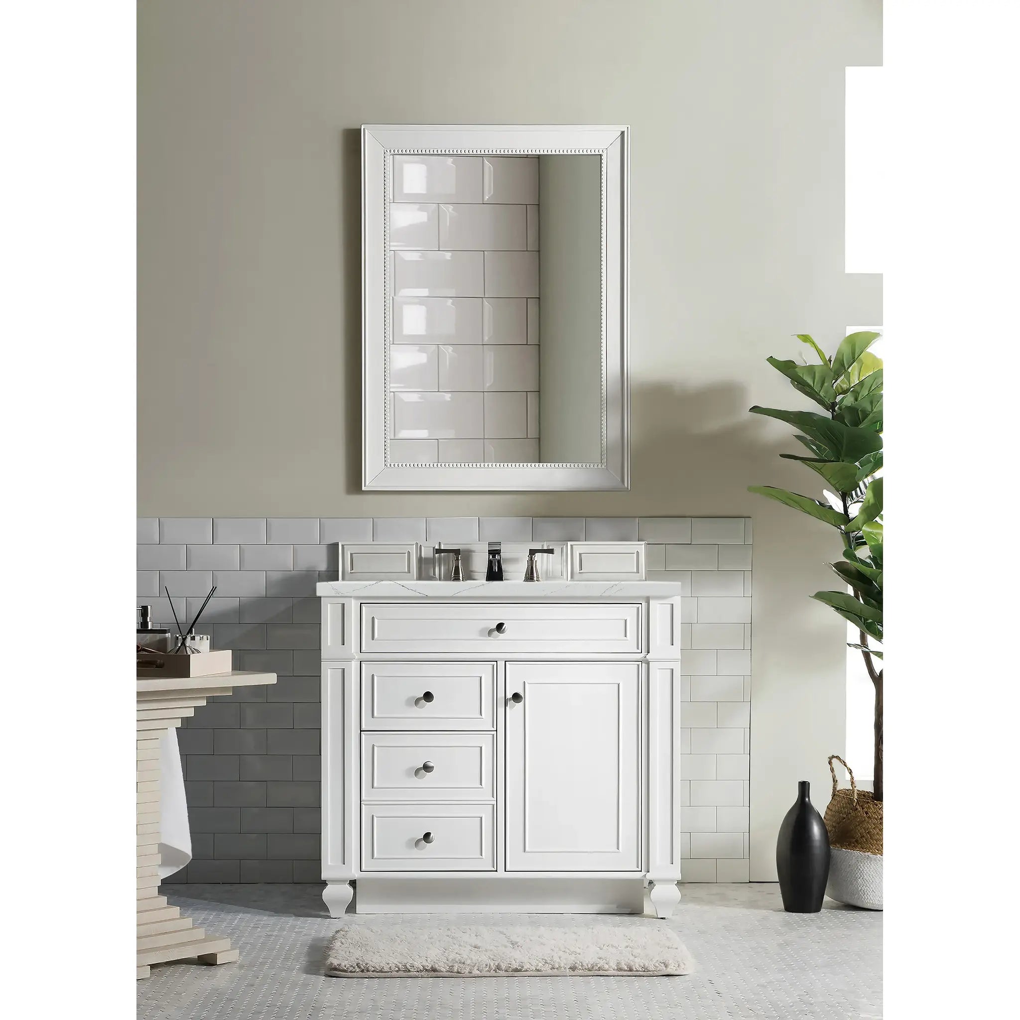 36" Bristol Single Vanity in Bright White-Ethereal Noctis Silestone-8" Widespread image 1
