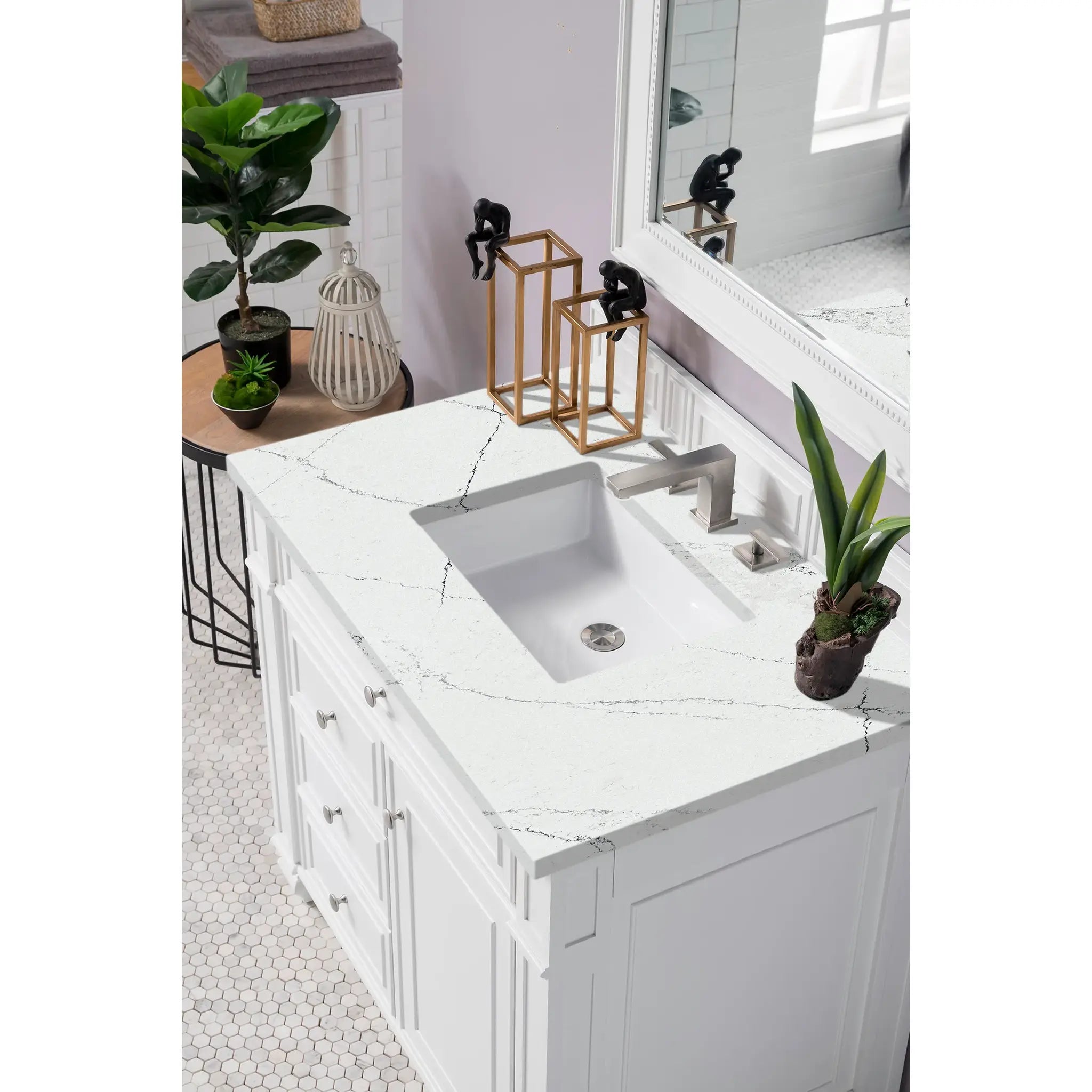 36" Bristol Single Vanity in Bright White-Ethereal Noctis Silestone-8" Widespread image 2