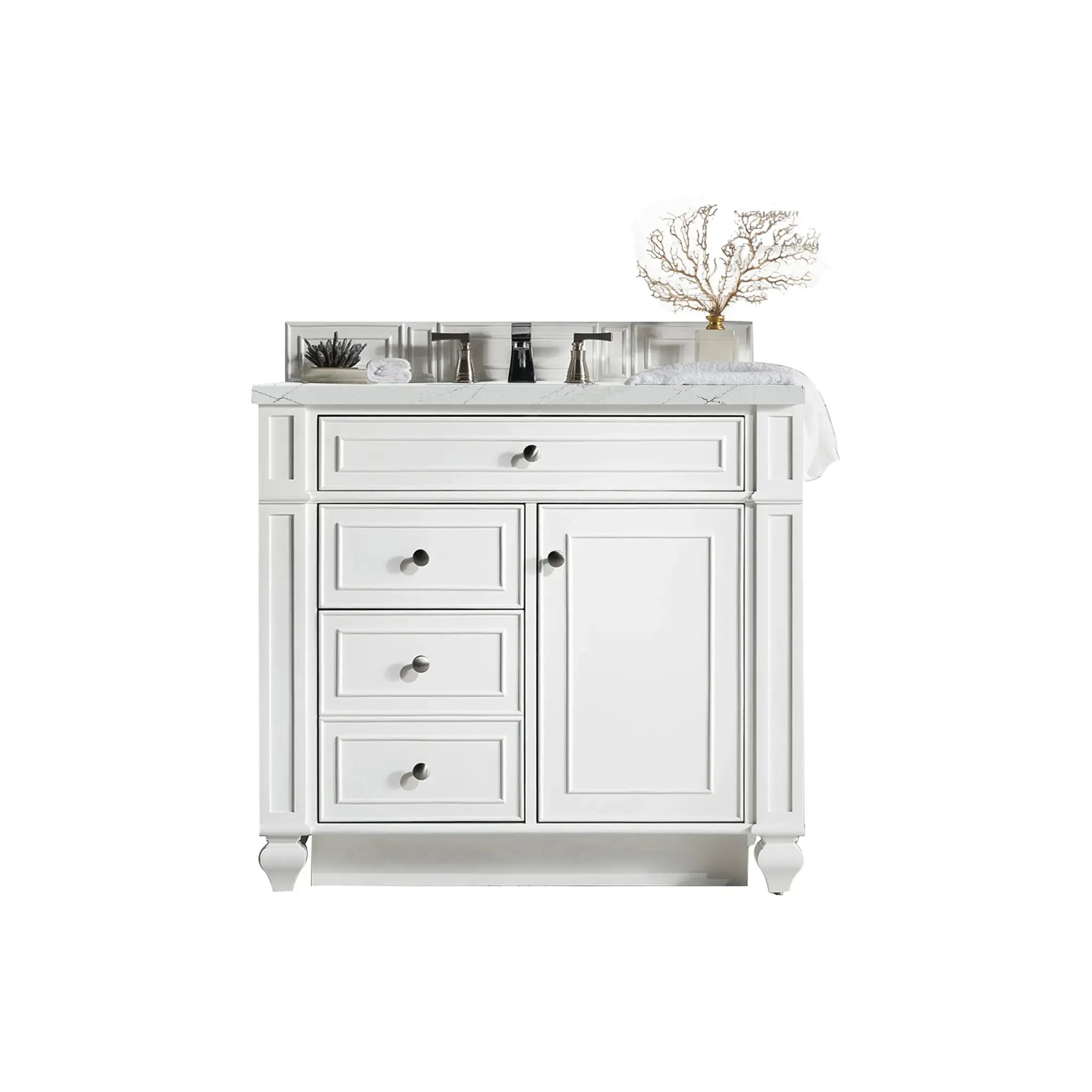 36" Bristol Single Vanity in Bright White-Ethereal Noctis Silestone-8" Widespread image