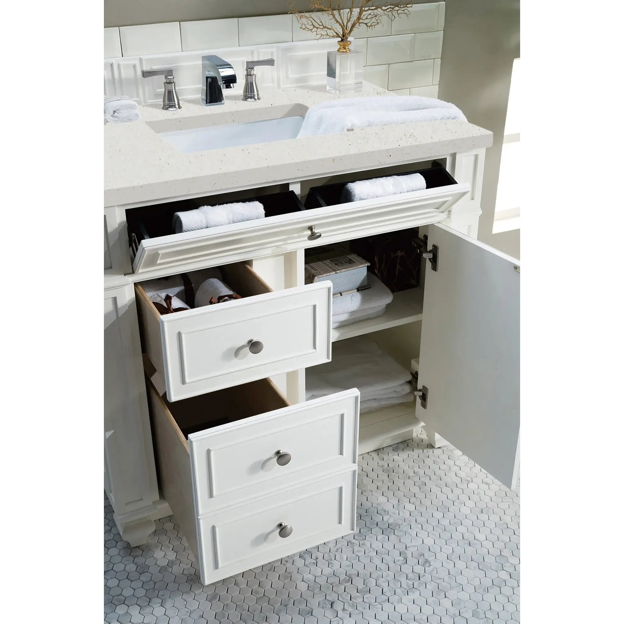 36" Bristol Single Vanity in Bright White-Lime Delight Silestone-8" Widespread image 3
