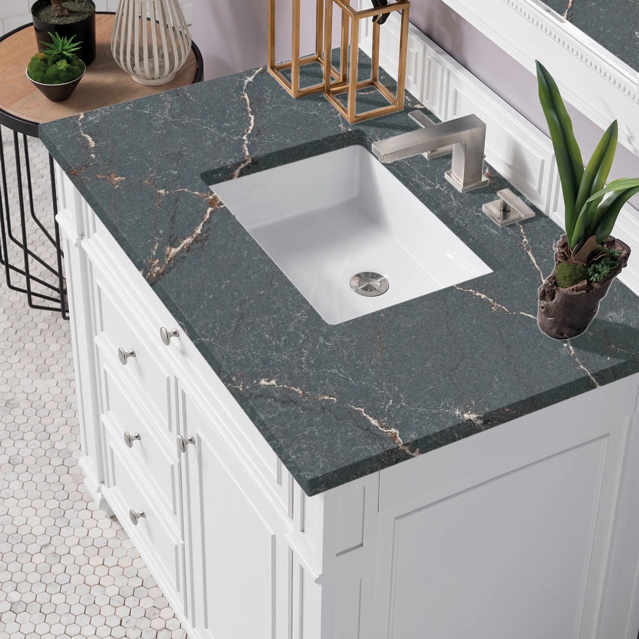 36" Bristol Single Vanity in Bright White-Parisien Bleu Silestone-8" Widespread image 4