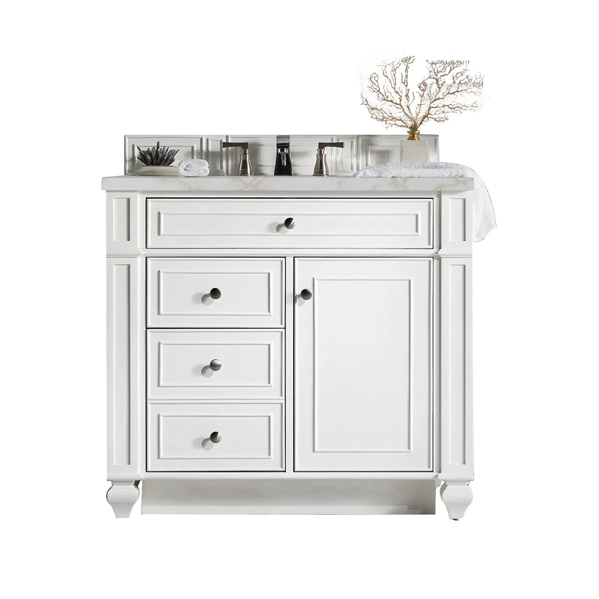 36" Bristol Single Vanity in Bright White-Victorian Silver Silestone-8" Widespread image