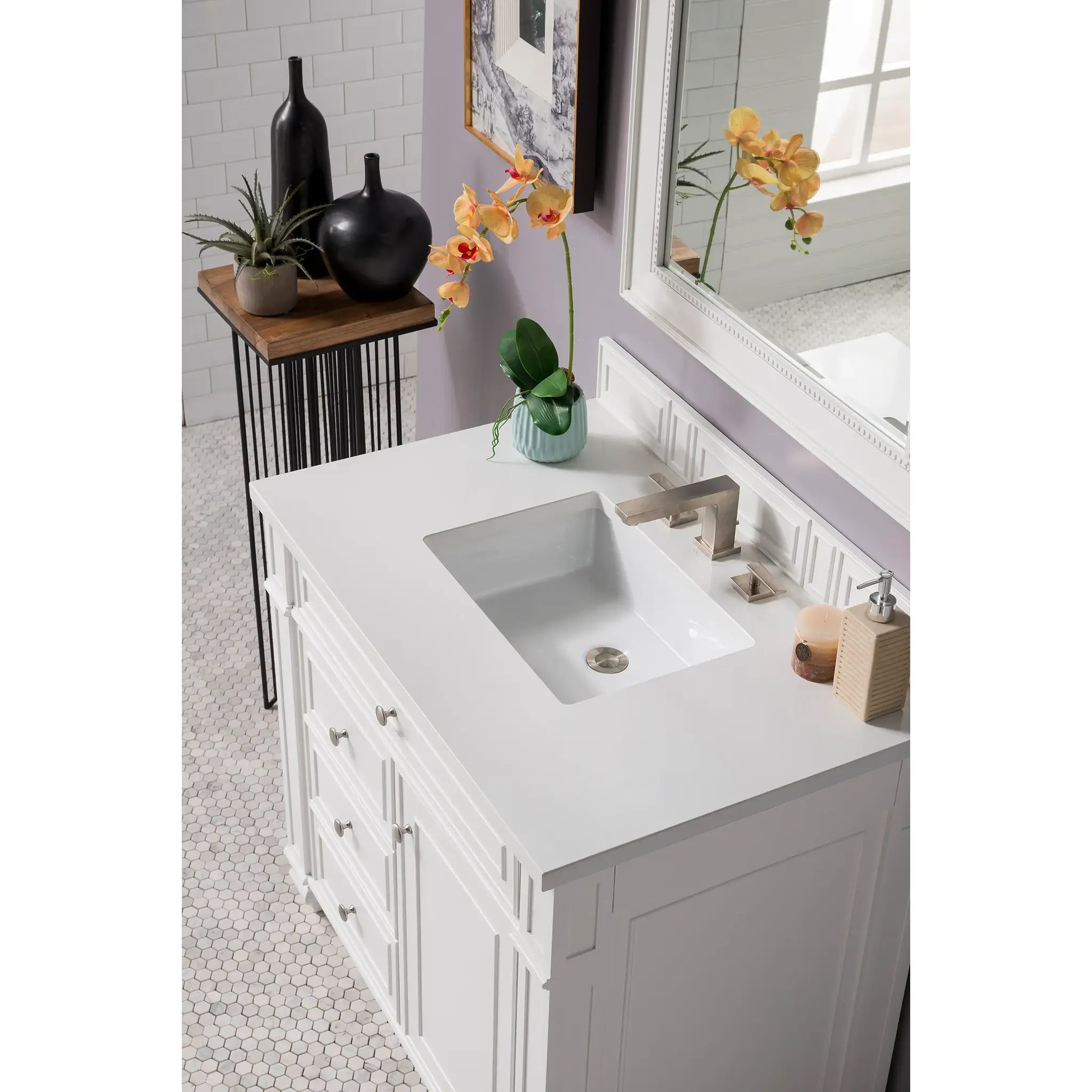 36" Bristol Single Vanity in Bright White-White Zeus Silestone-8" Widespread image 1