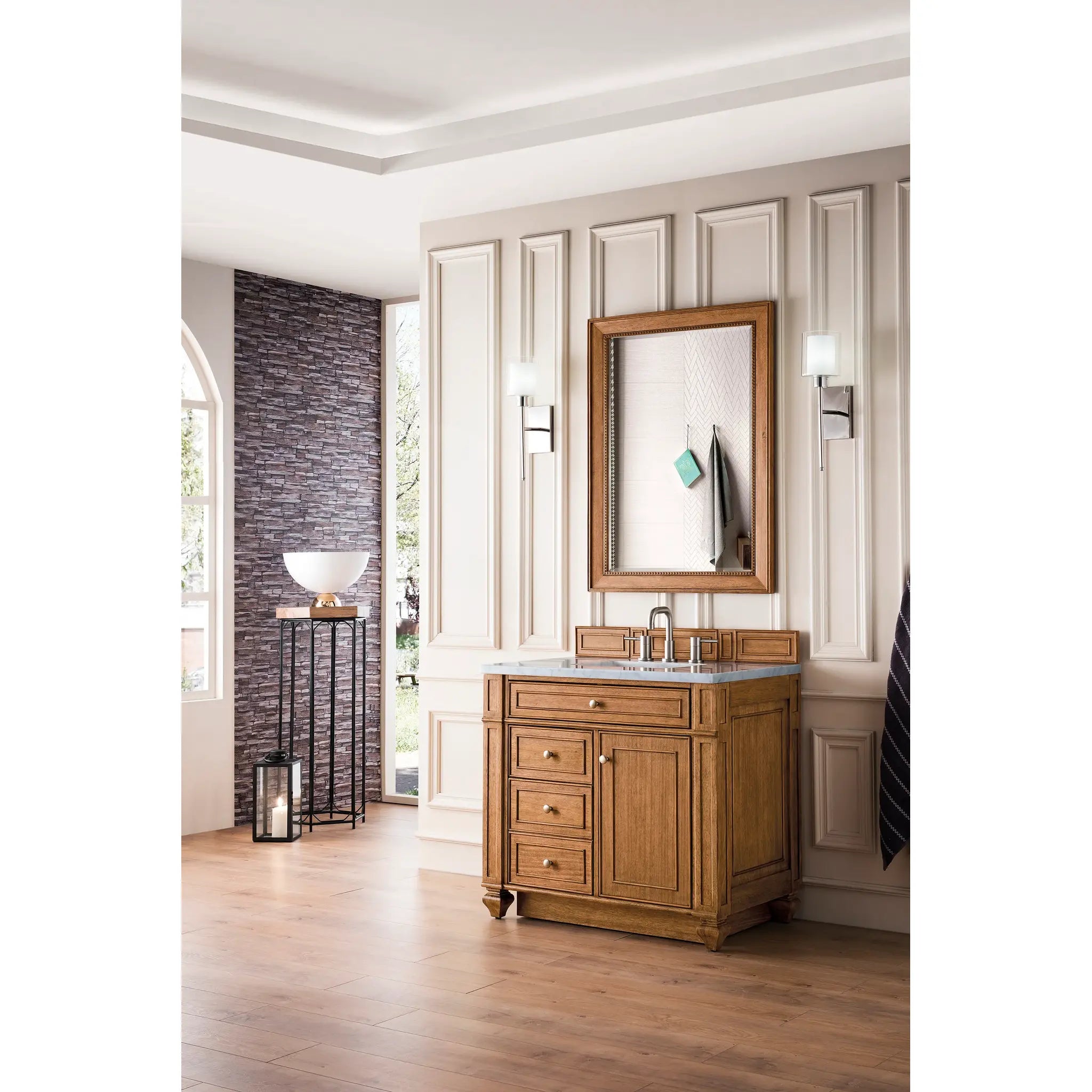 36" Bristol Single Vanity in Saddle Brown-Carrara White Marble-8" Widespread image 2