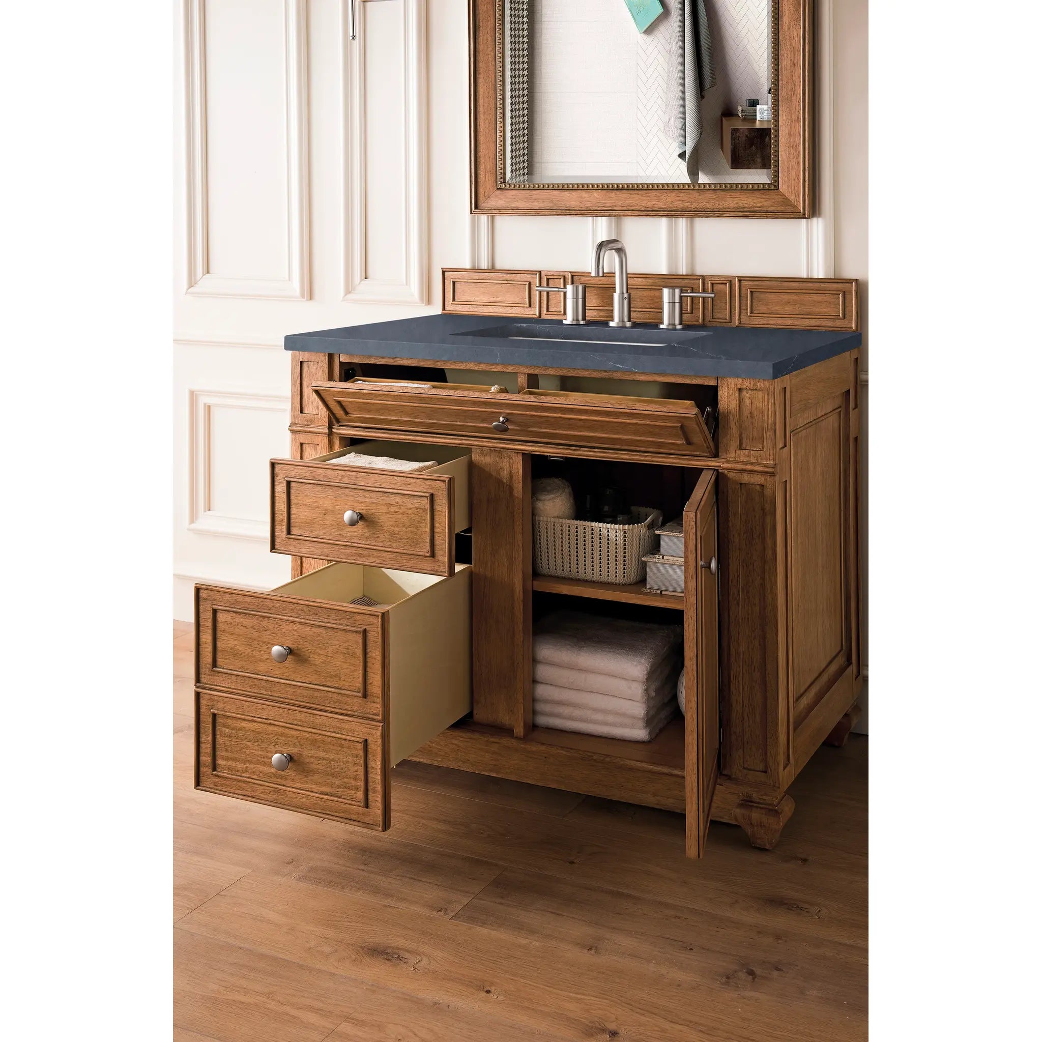 36" Bristol Single Vanity in Saddle Brown-Charcoal Soapstone Silestone-8" Widespread image 3