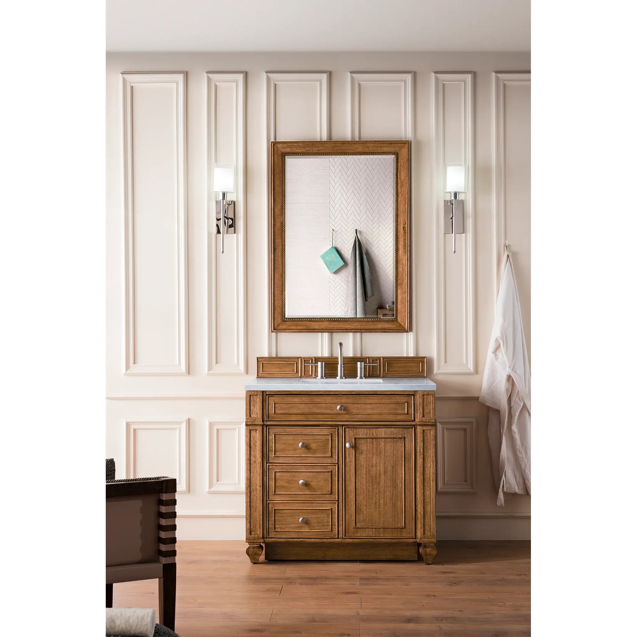 36" Bristol Single Vanity in Saddle Brown-Eternal Jasmine Pearl Silestone-8" Widespread image 1