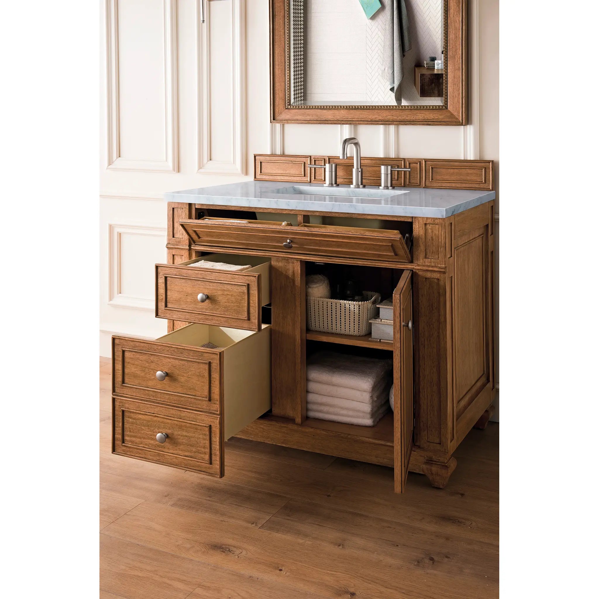 36" Bristol Single Vanity in Saddle Brown-Eternal Jasmine Pearl Silestone-8" Widespread image 3