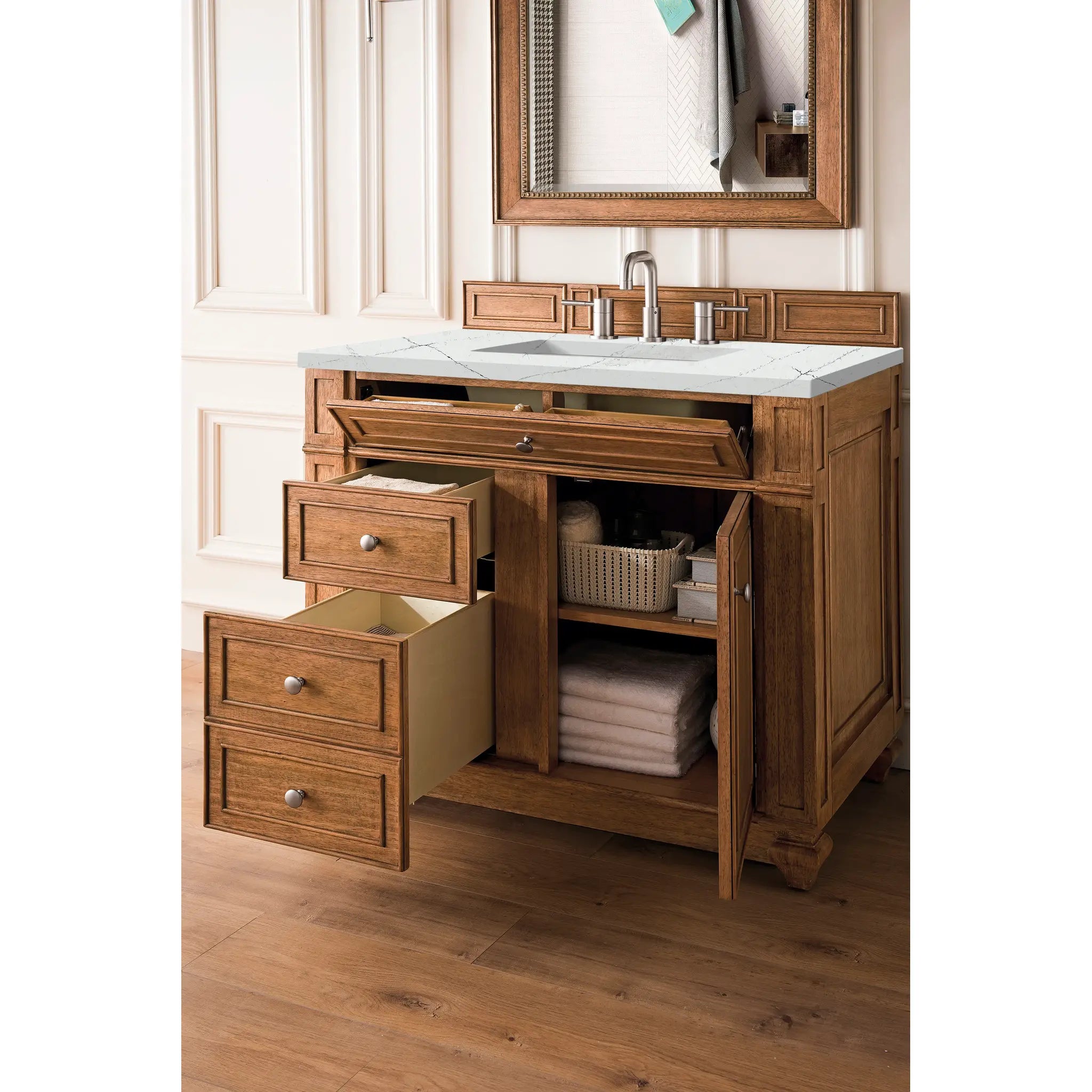 36" Bristol Single Vanity in Saddle Brown-Ethereal Noctis Silestone-8" Widespread image 3