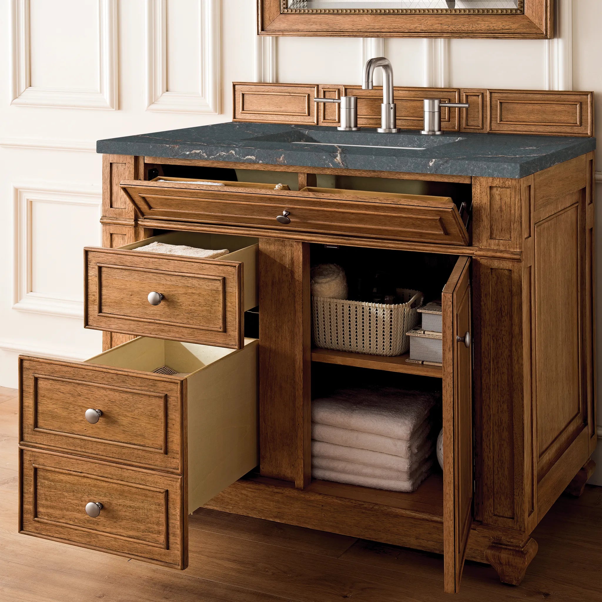 36" Bristol Single Vanity in Saddle Brown-Parisien Bleu Silestone-8" Widespread image 3