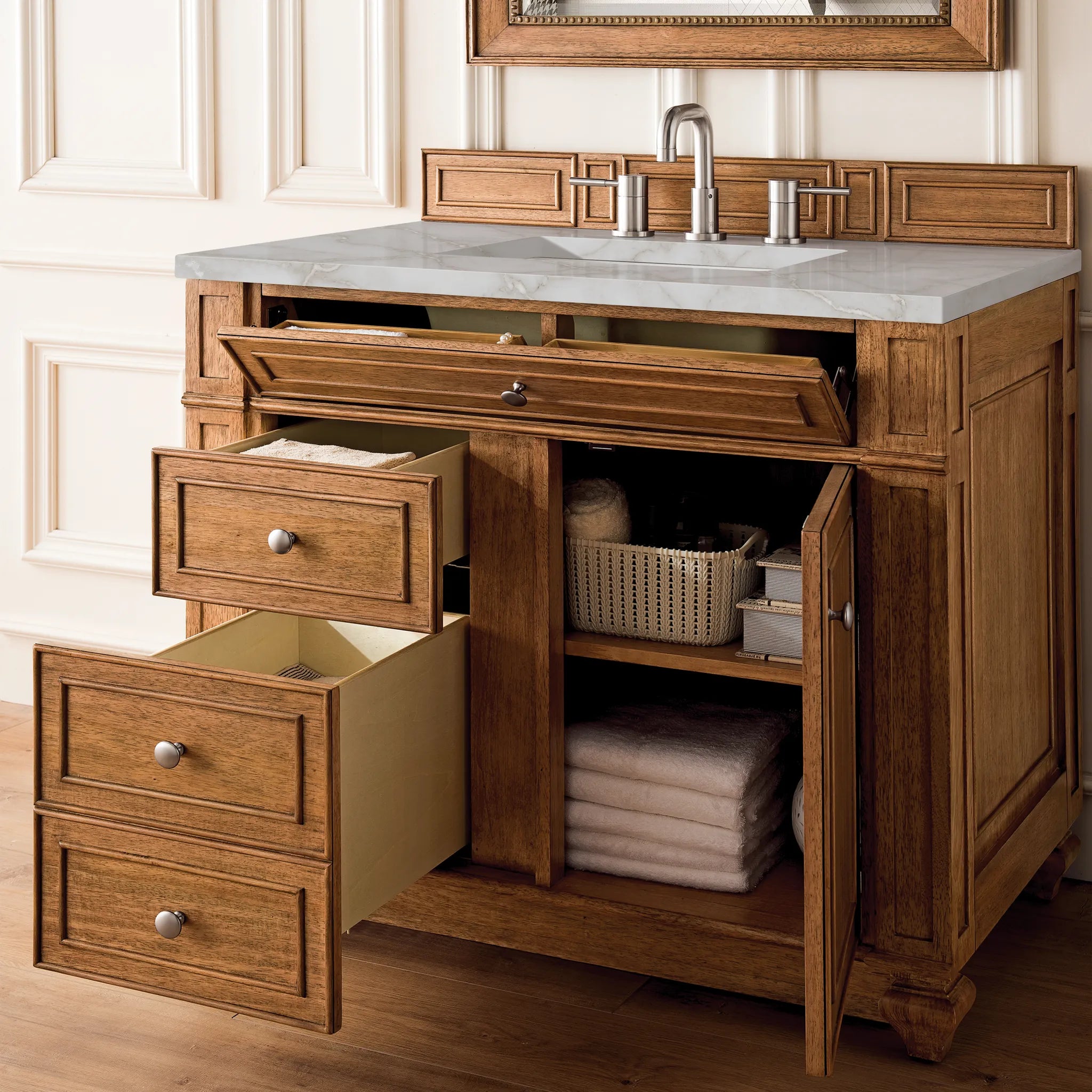36" Bristol Single Vanity in Saddle Brown-Victorian Silver Silestone-8" Widespread image 3