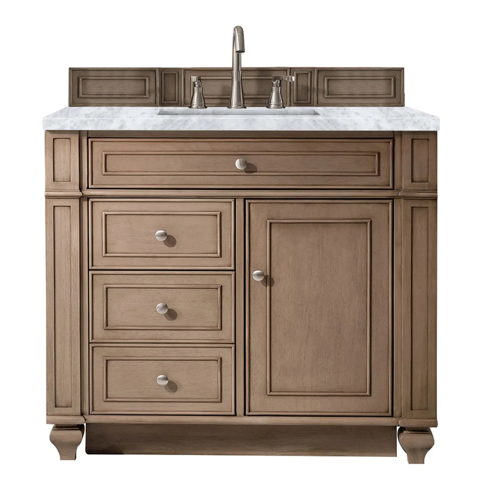 36" Bristol Single Vanity in Whitewashed Walnut-Carrara White Marble-8" Widespread image