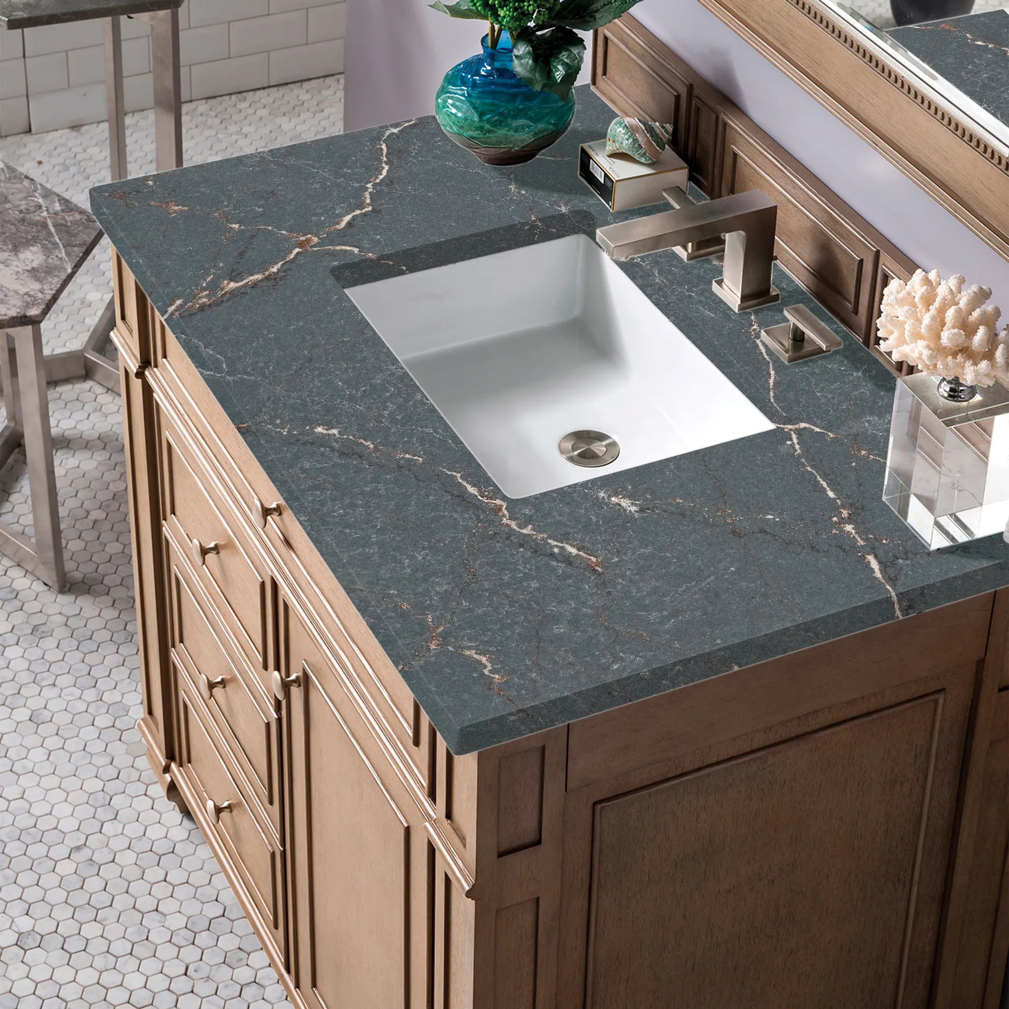36" Bristol Single Vanity in Whitewashed Walnut-Parisien Bleu Silestone-8" Widespread image 3