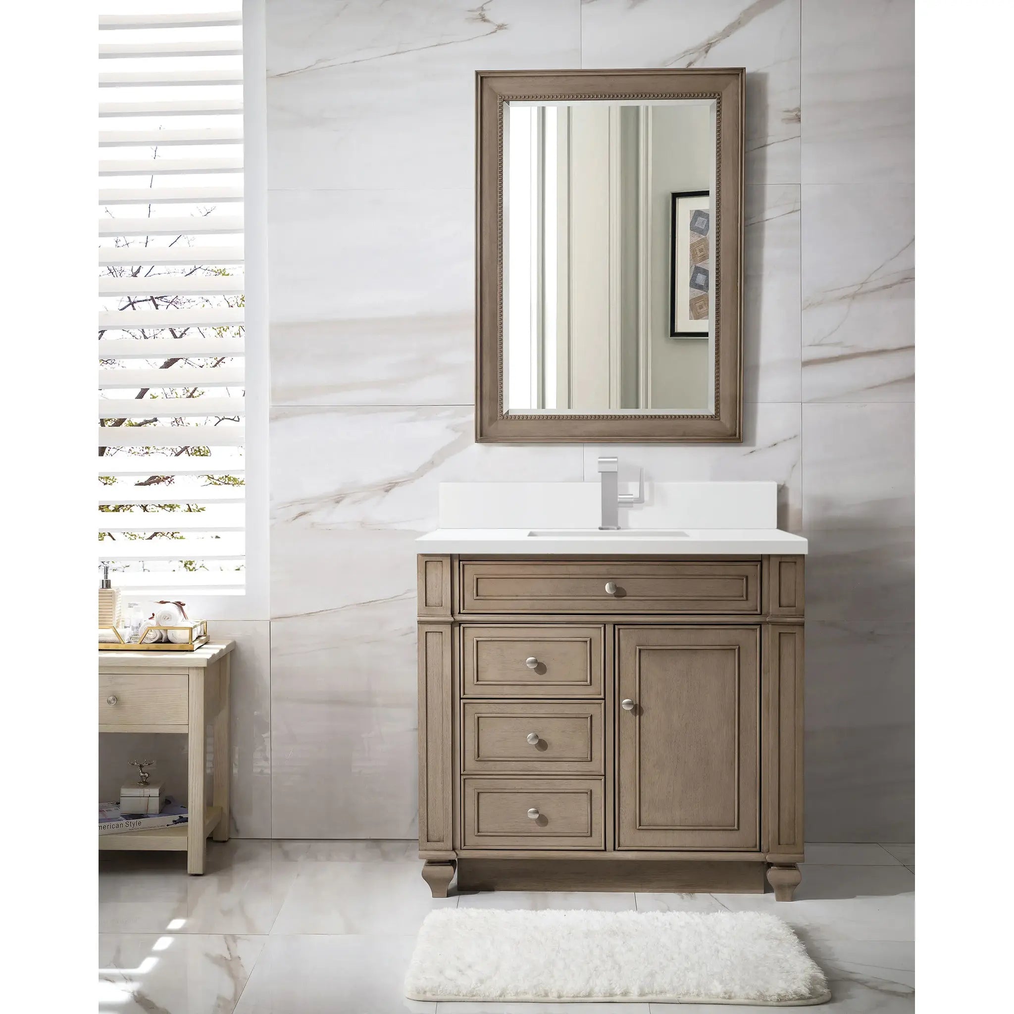 36" Bristol Single Vanity in Whitewashed Walnut-White Zeus Silestone & Backsplash-Single Hole image 1