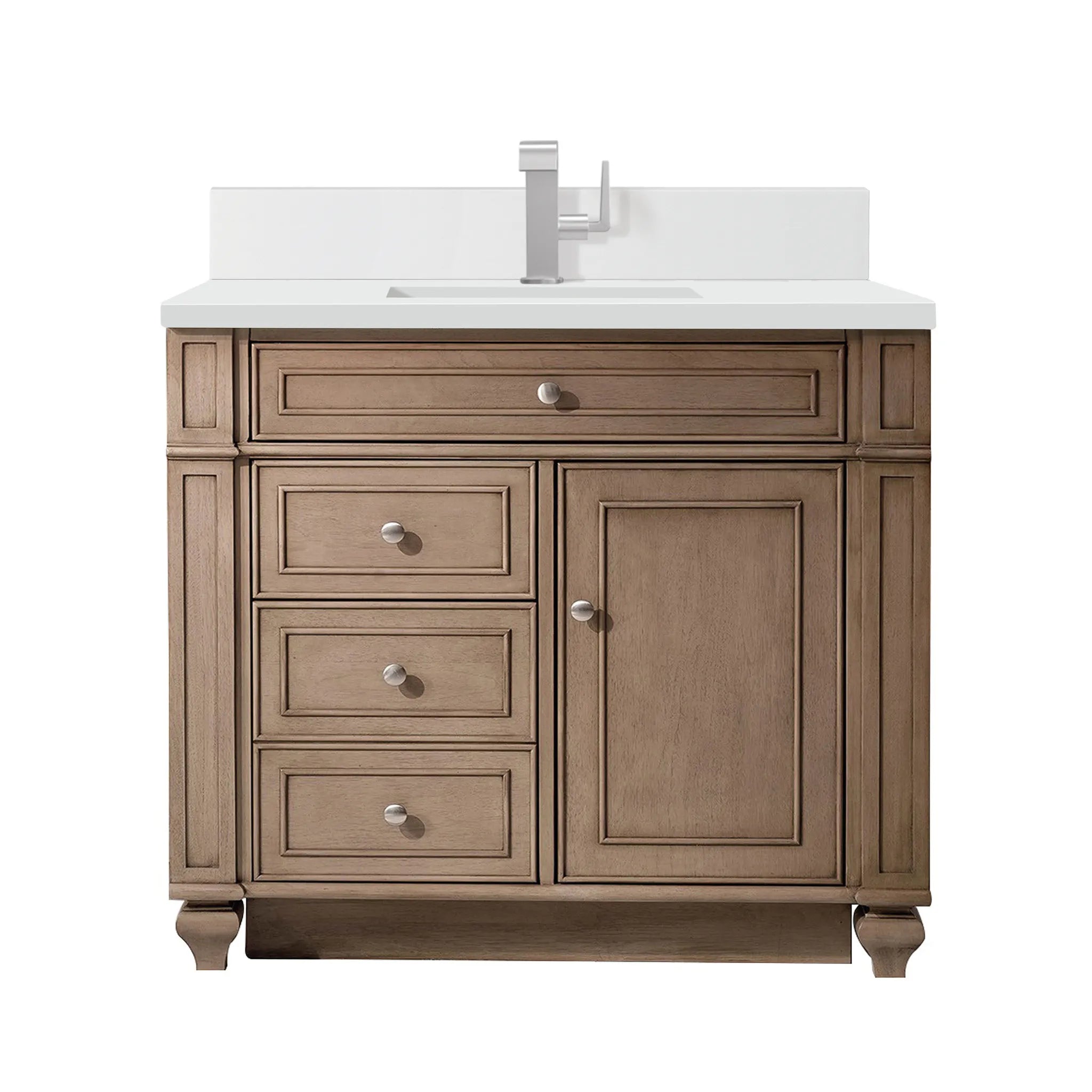 36" Bristol Single Vanity in Whitewashed Walnut-White Zeus Silestone & Backsplash-Single Hole image