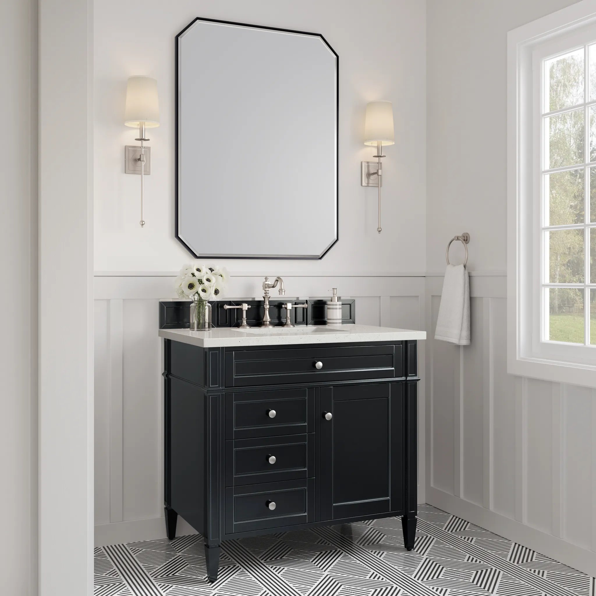 36" Brittany Single Vanity in Black Onyx-Lime Delight Silestone-8" Widespread image 2
