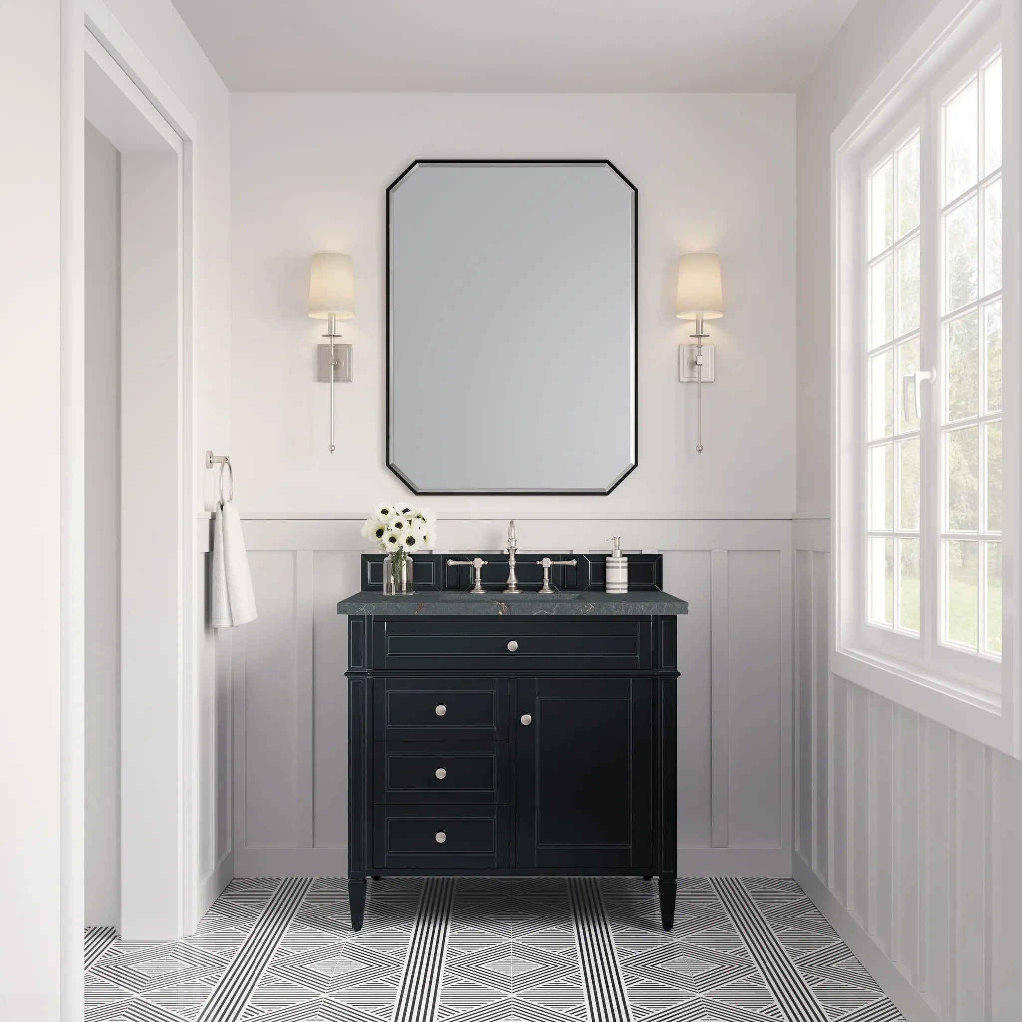 36" Brittany Single Vanity in Black Onyx-Parisien Bleu Silestone-8" Widespread image 1