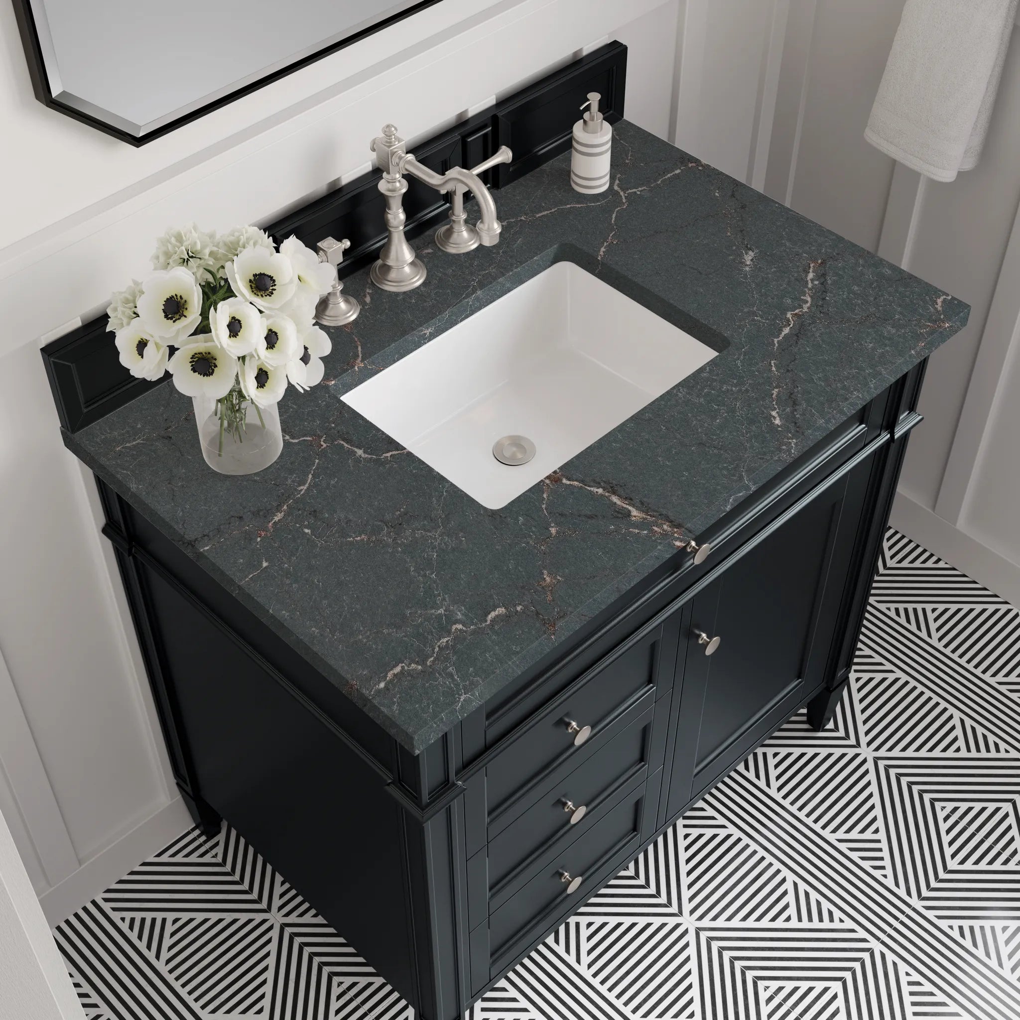 36" Brittany Single Vanity in Black Onyx-Parisien Bleu Silestone-8" Widespread image 4
