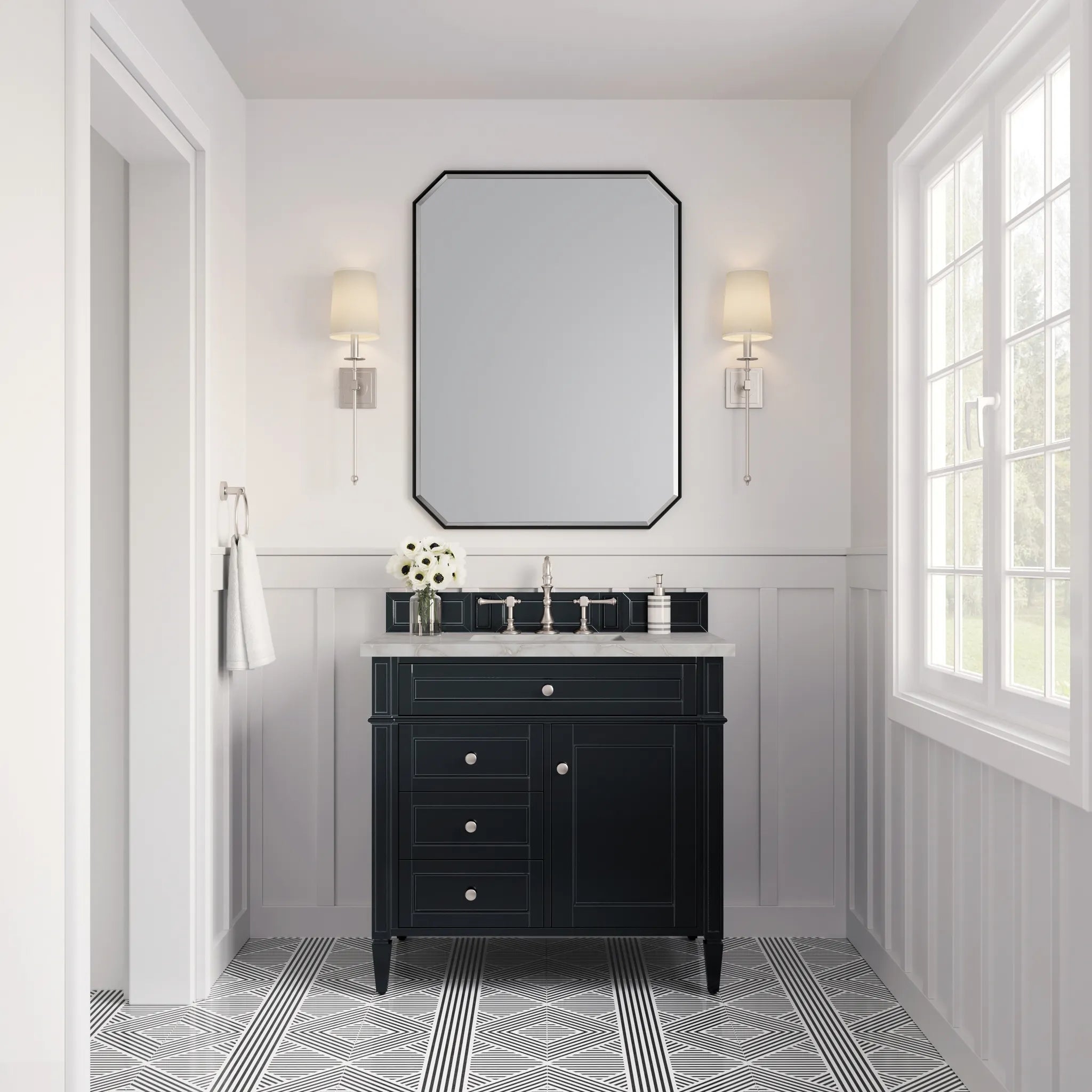 36" Brittany Single Vanity in Black Onyx-Victorian Silver Silestone-8" Widespread image 1