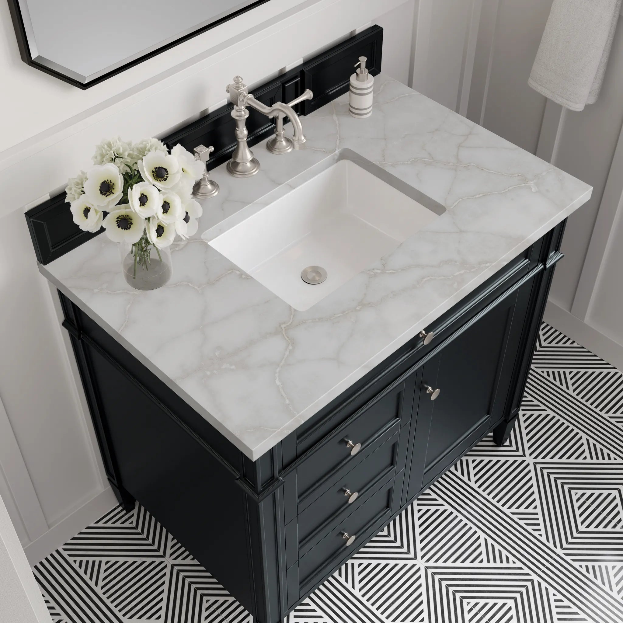 36" Brittany Single Vanity in Black Onyx-Victorian Silver Silestone-8" Widespread image 4