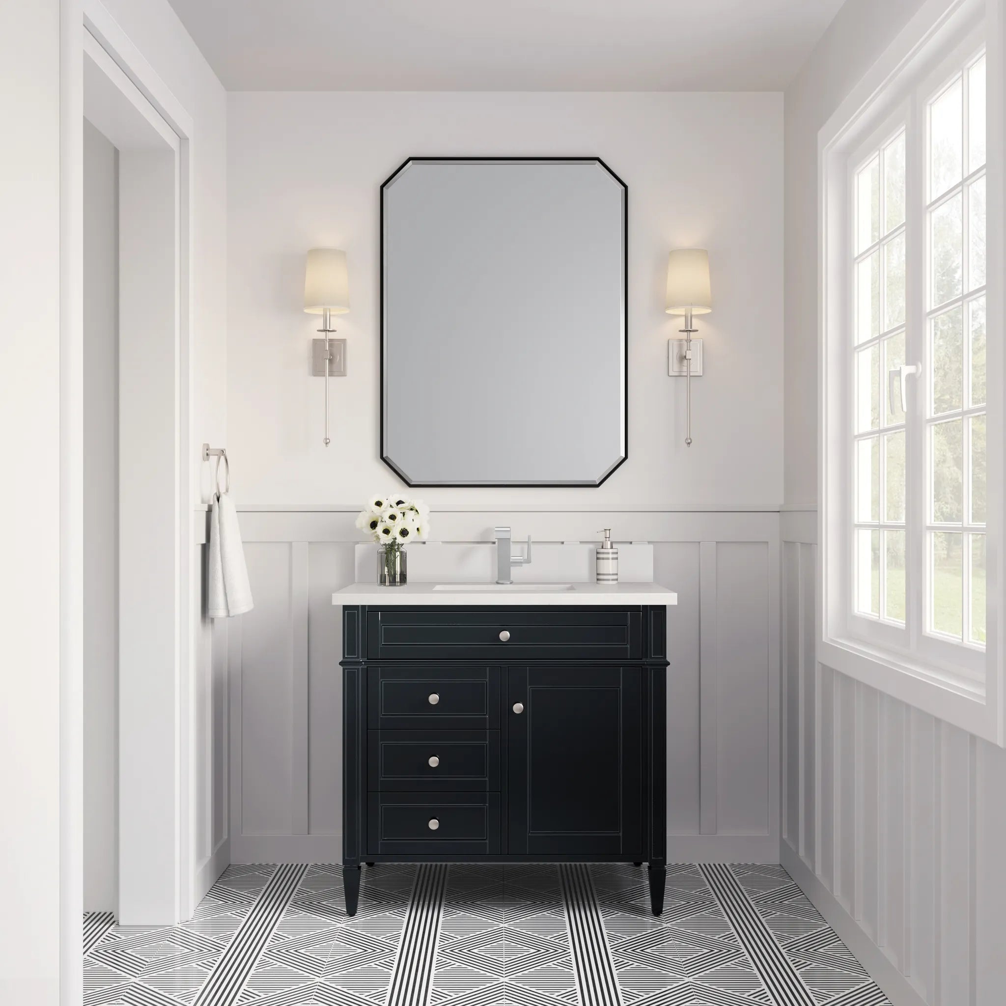 36" Brittany Single Vanity in Black Onyx-White Zeus Silestone & Backsplash-Single Hole image 1
