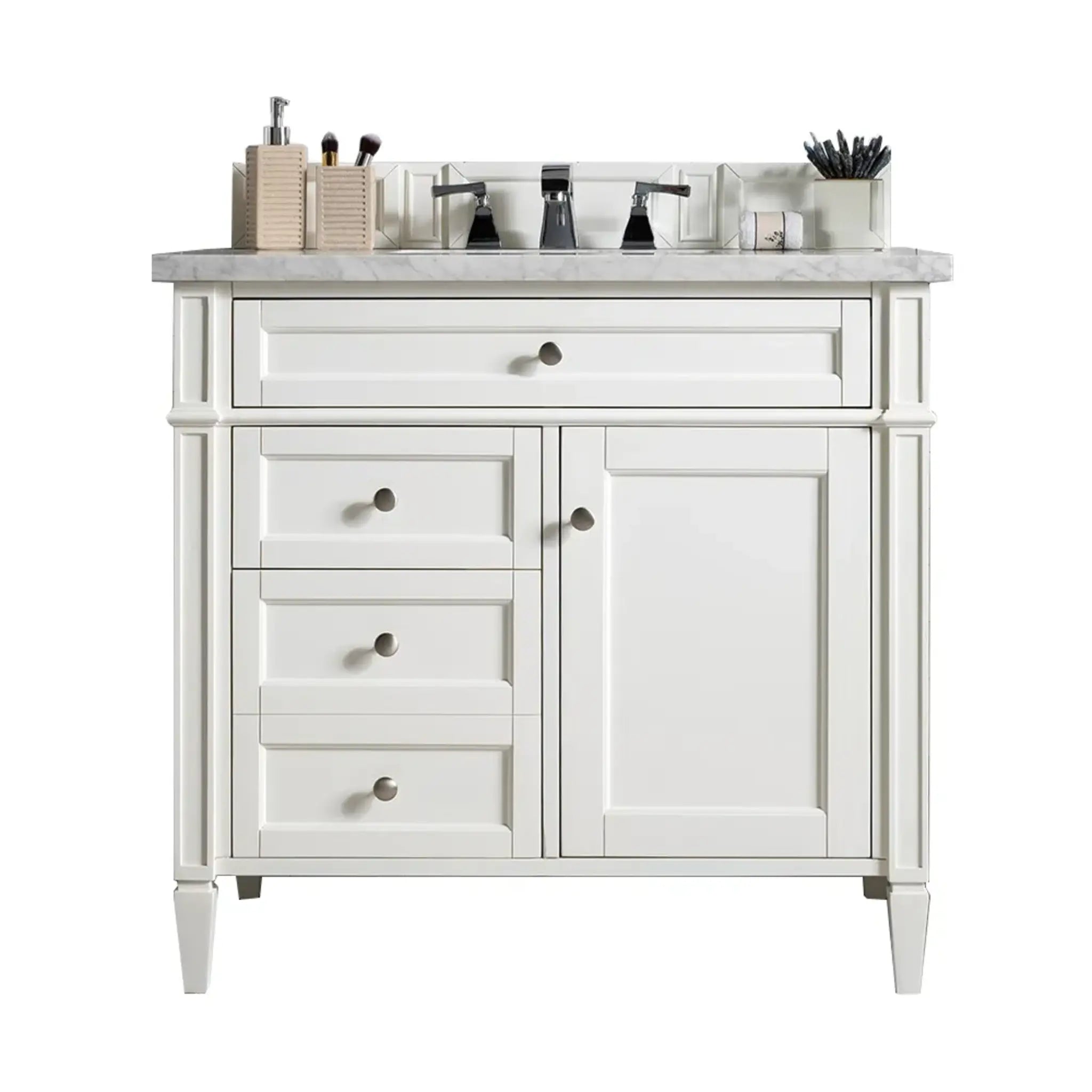 36" Brittany Single Vanity in Bright White-Eternal Jasmine Pearl Silestone-8" Widespread image